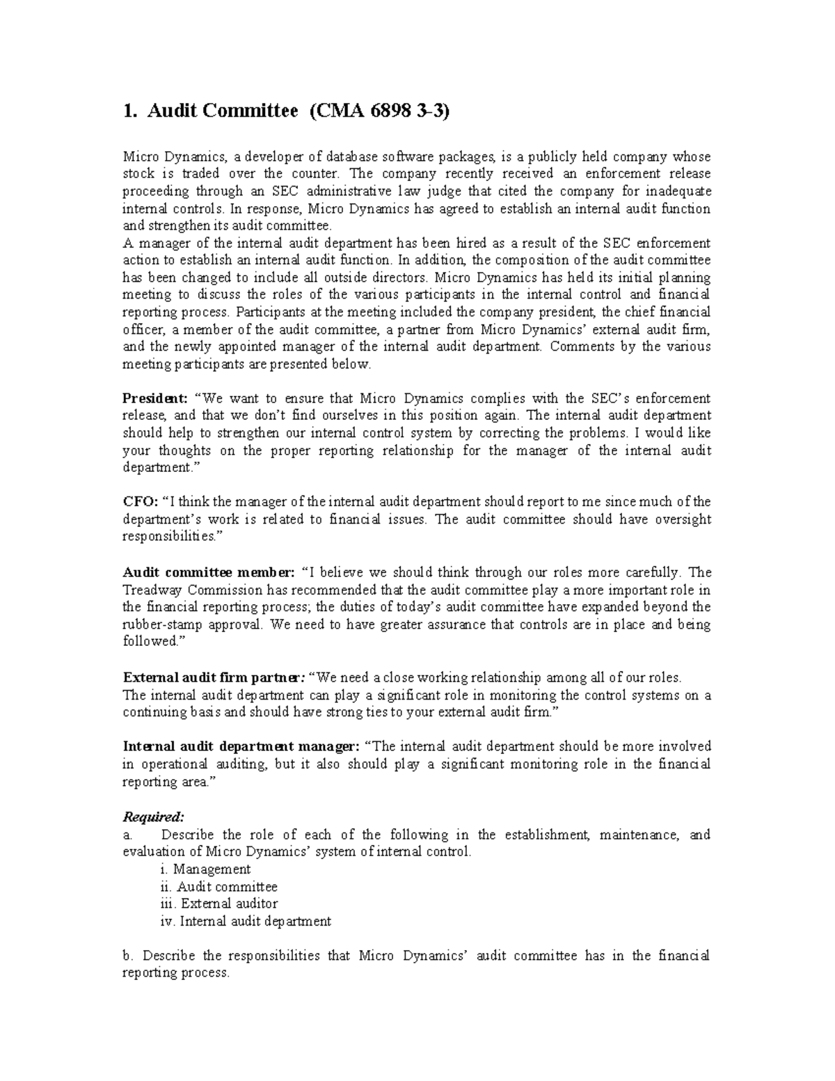 Audit Committee and Internal Control Analysis (CMA 6898) - Studocu