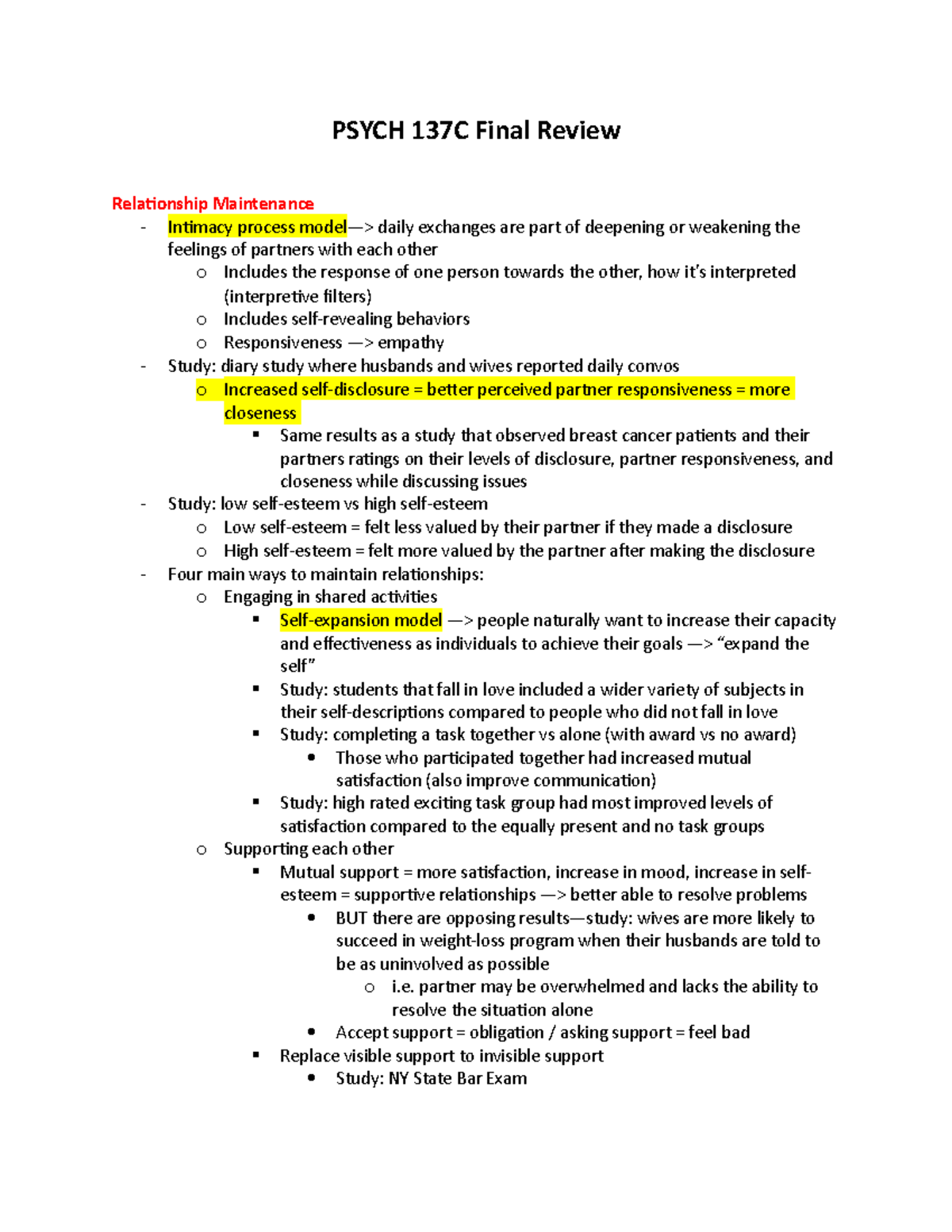 Psych 137C Comprehensive Final Exam Review: Relationship Insights - Studocu