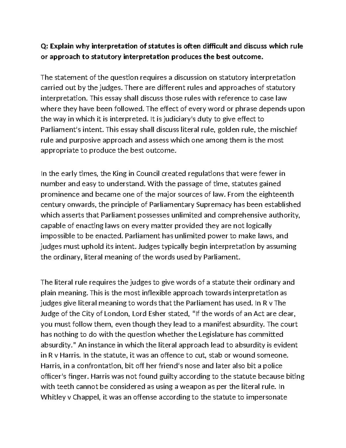 5. Statutory Interpretation Essay: Analyzing Judicial Approaches and ...