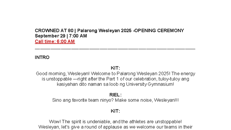 Emcee Script for Palarong WUP 2025 Opening Ceremony - Studocu
