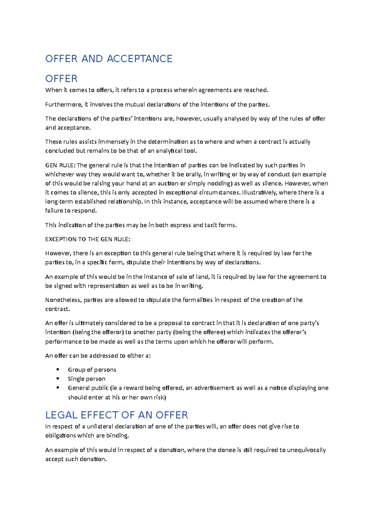 Offer and Acceptance - Lecture Notes 11 on Contract Law Concepts - Studocu