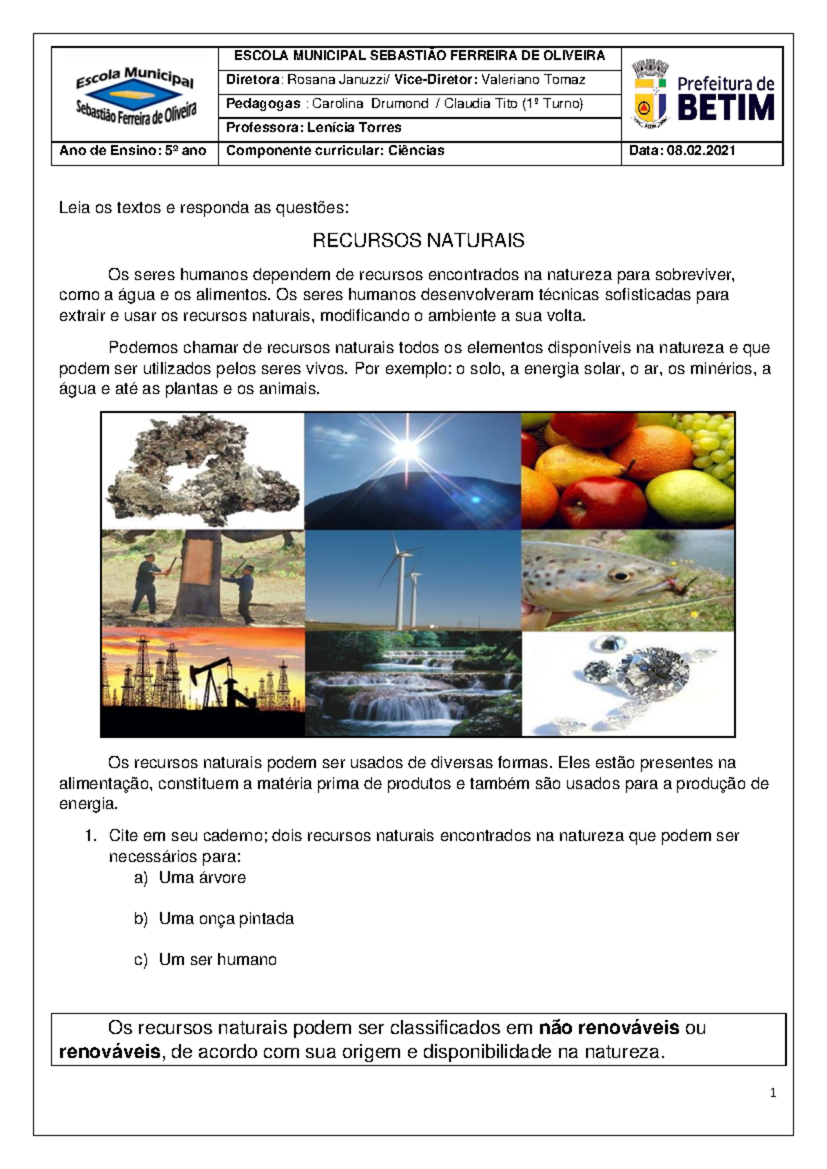 Atividade 1 - Ciências - 5º ANO: Recursos Naturais e Sustentabilidade ...