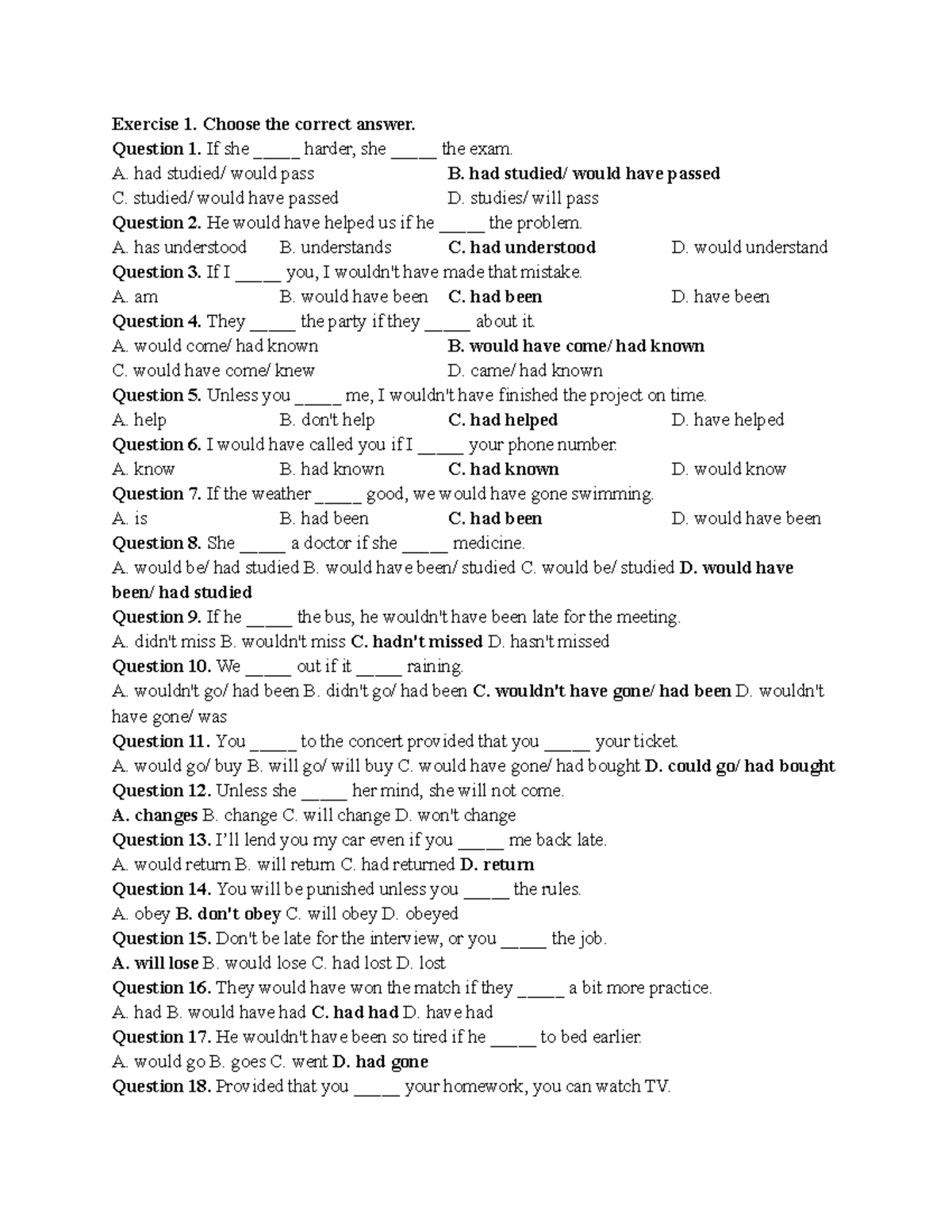 [9L10] Grammar Exercise 1 & 2 - Conditional Sentences Practice - Studocu