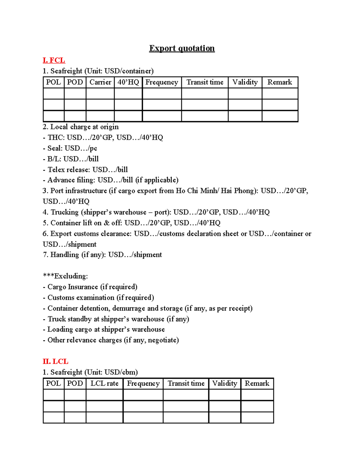Export Quotation for FCL & LCL Seafreight and Airfreight - Studocu