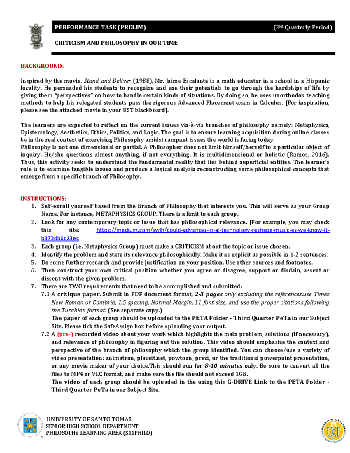 **3RD Quarter Performance Task: Criticism in Philosophy - PETA 2021 ...