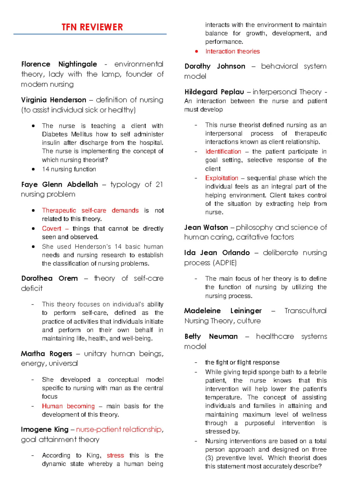 TFN - Summary of Key Theorists in Nursing Foundations - Studocu