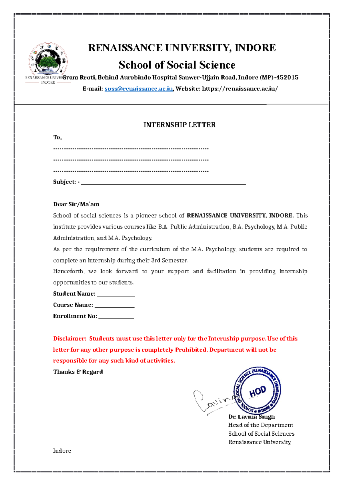 Internship for Psychology - RENAISSANCE UNIVERSITY, INDORE School of ...