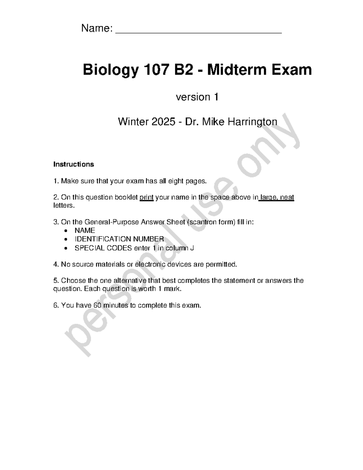 Biology 107 B2 Midterm Exam Version 1 Winter 2025 Practice Questions ...