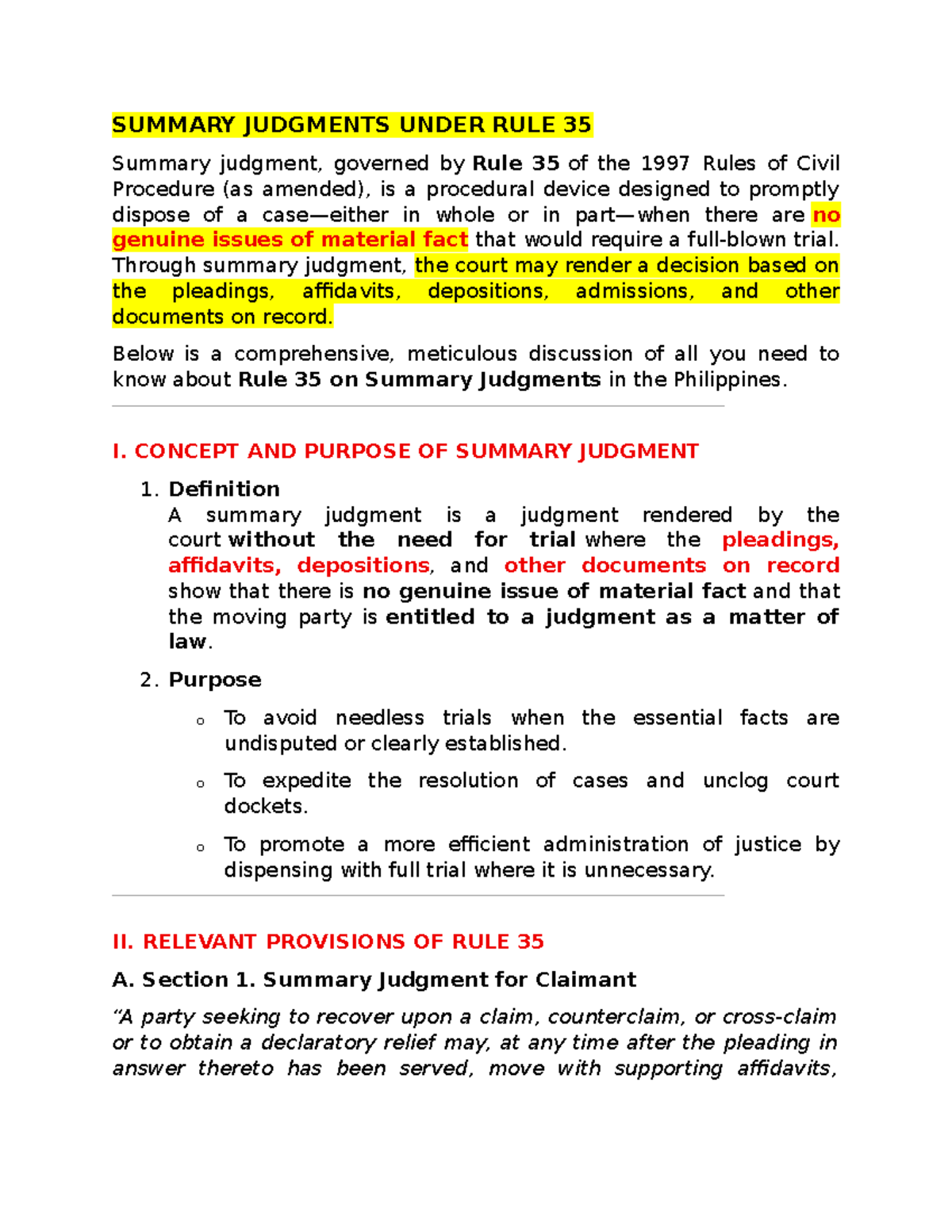 Rule 35 Summary Judgments: Comprehensive Guide and Key Insights - Studocu