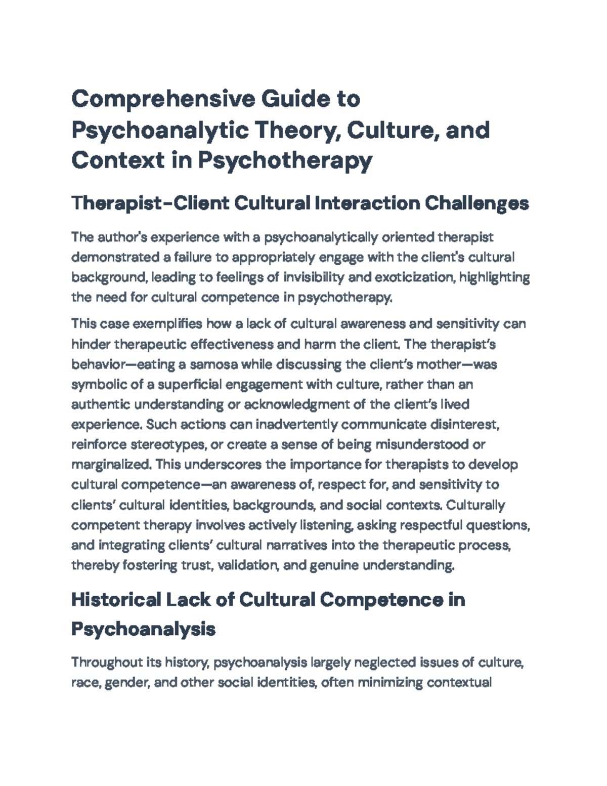 Comprehensive Guide to Culturally Competent Psychoanalysis (PSY 301 ...