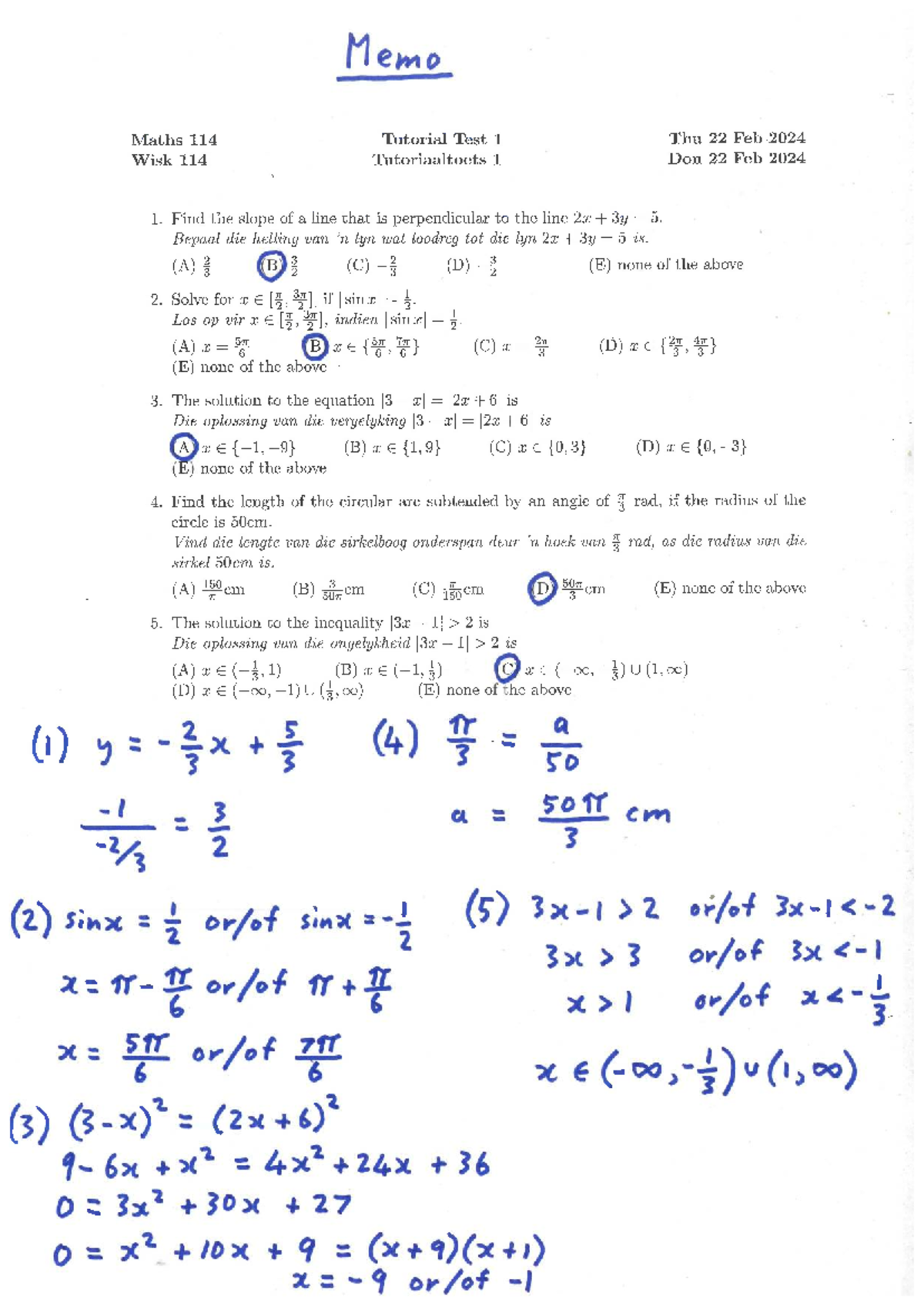 TT1 Maths 114 Tutorial Test - 22 Feb 2024 Summary & Solutions - Studocu