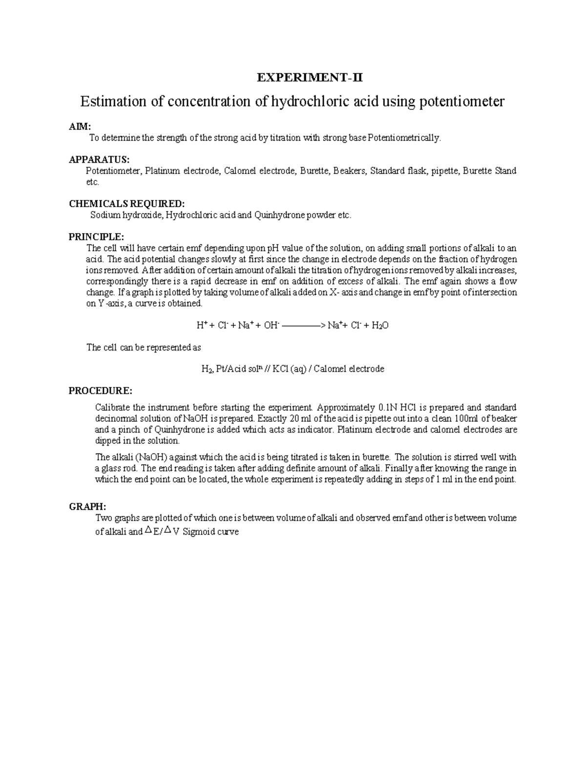 Potentiometric Titration of HCl with NaOH: Experiment Notes - Studocu