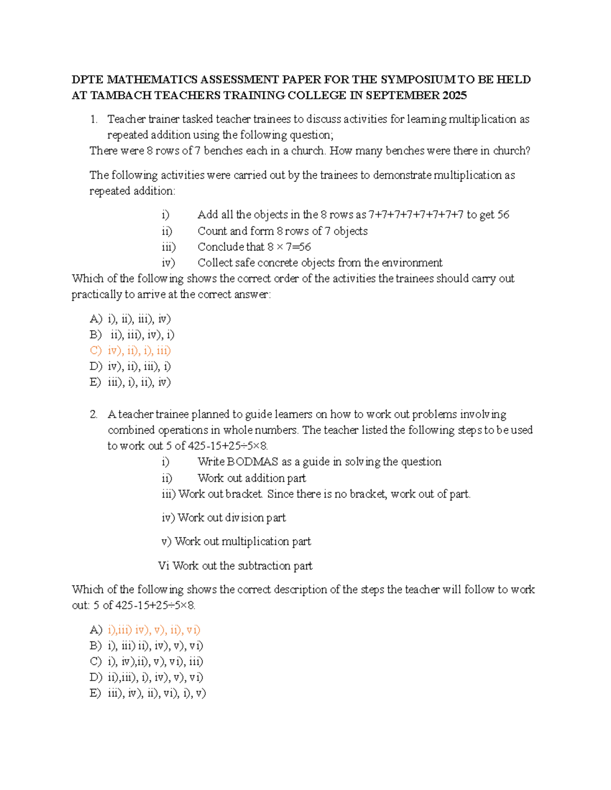 DPTE MCQS: Mathematics Assessment for Symposium E-TEST - Studocu