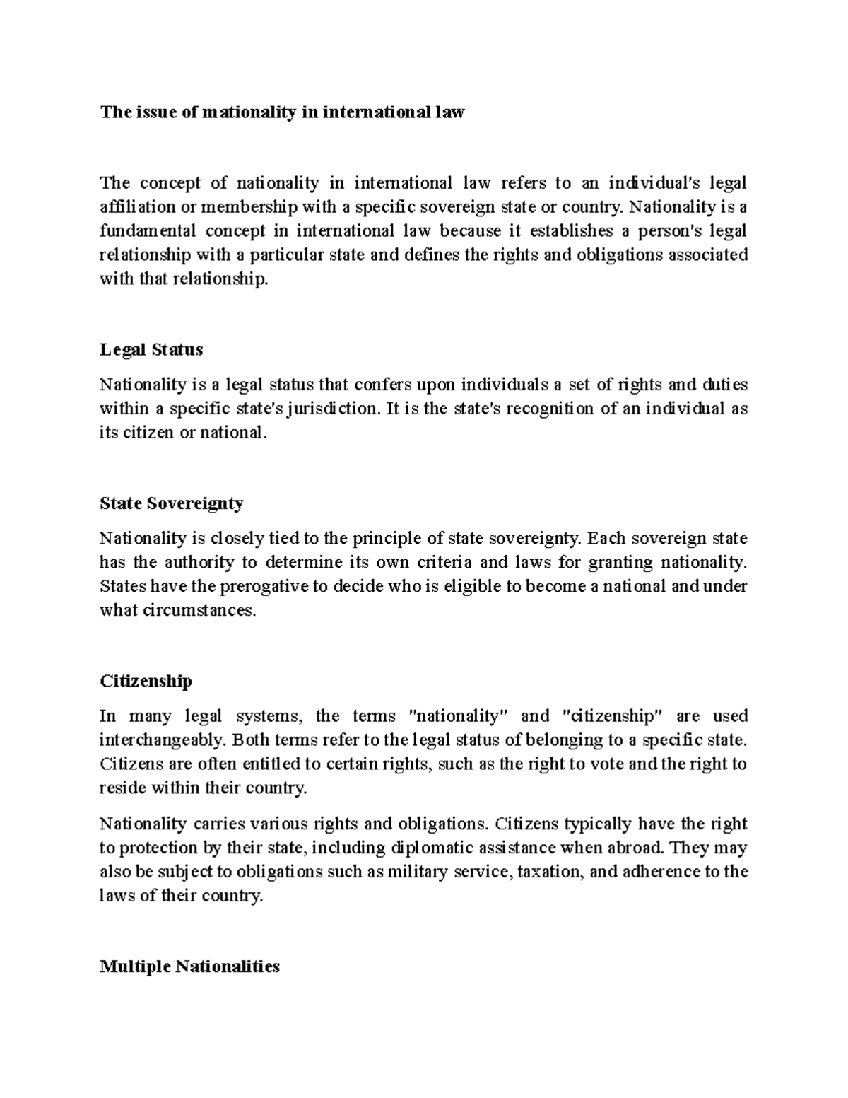 International Law Reading 11: The Concept of Nationality - Studocu