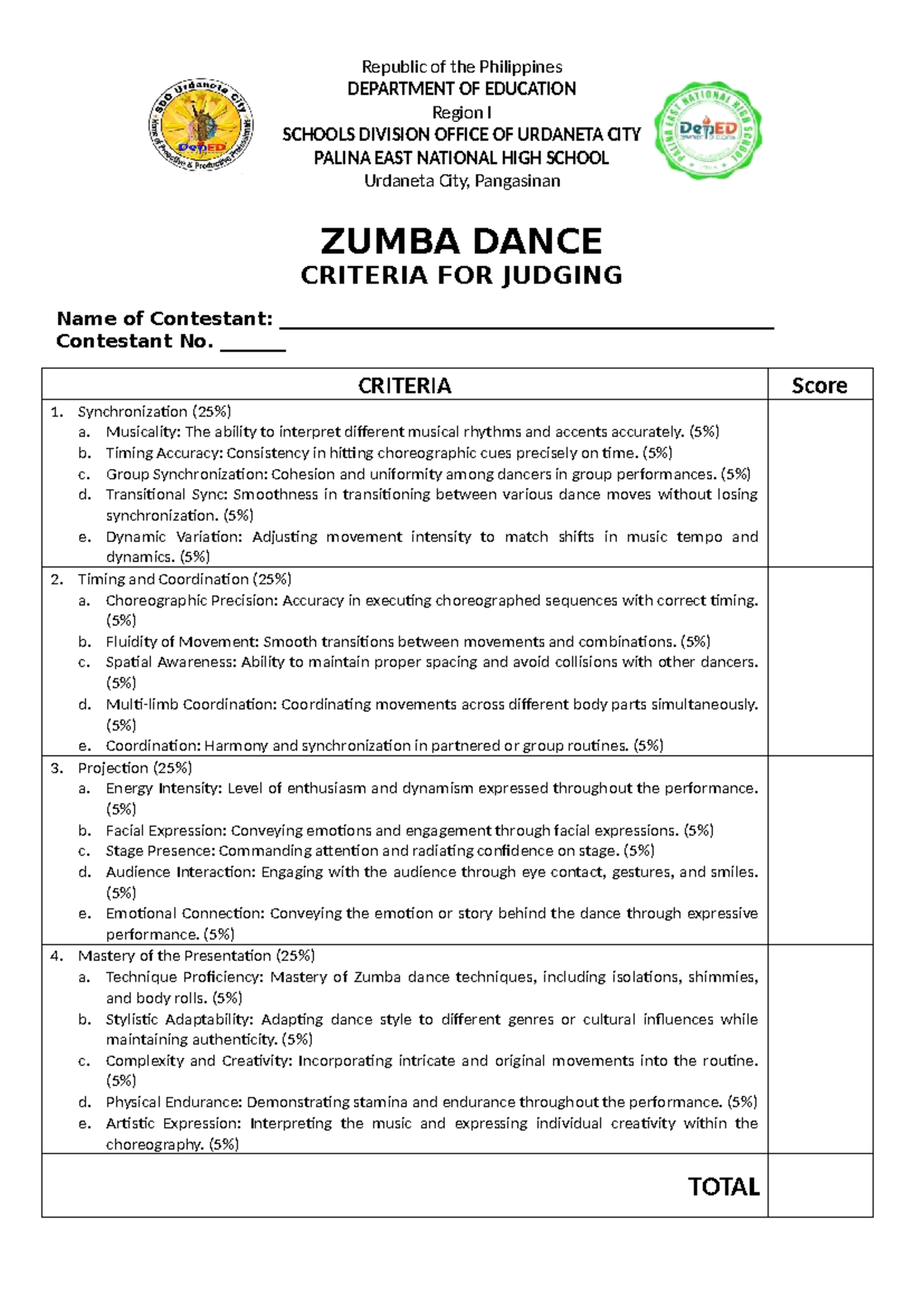 Zumba Dance Judging Criteria - Philippines Educational Standards - Studocu
