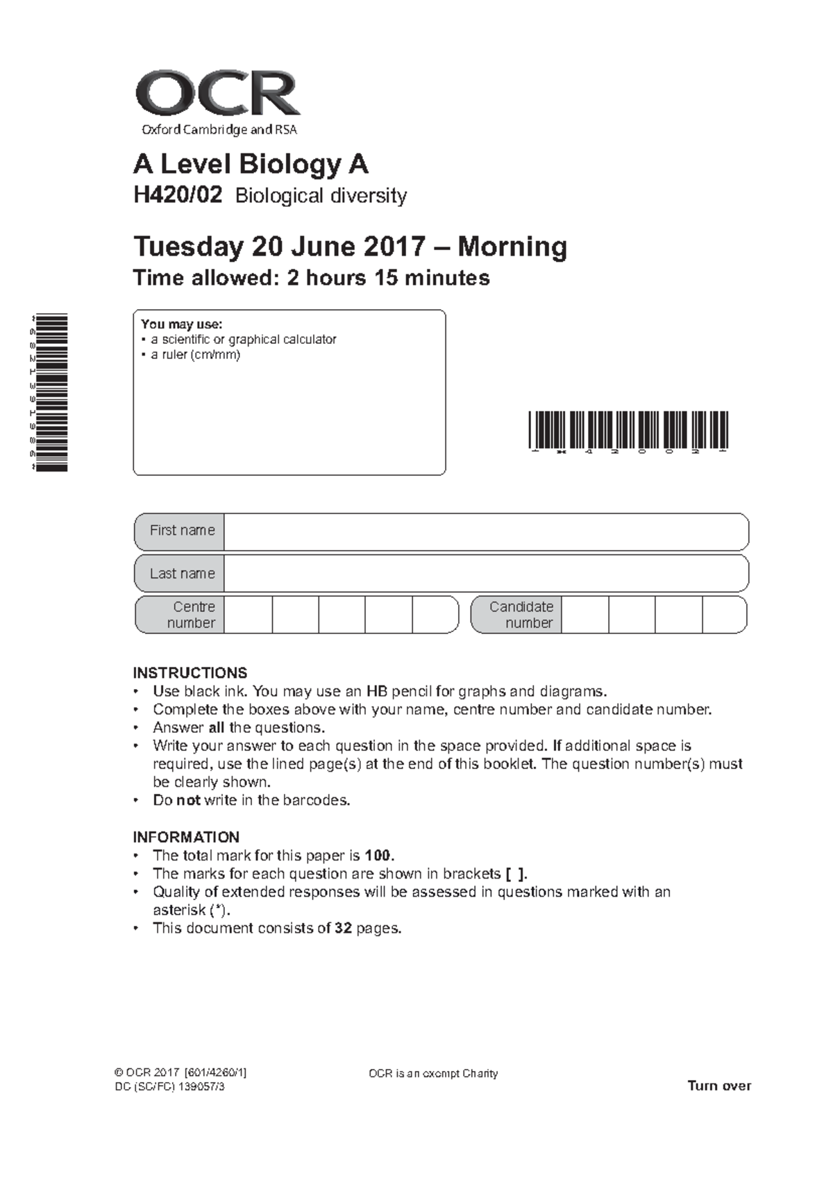 H420/02 A Level Biology Final Exam Question Paper on Biological ...