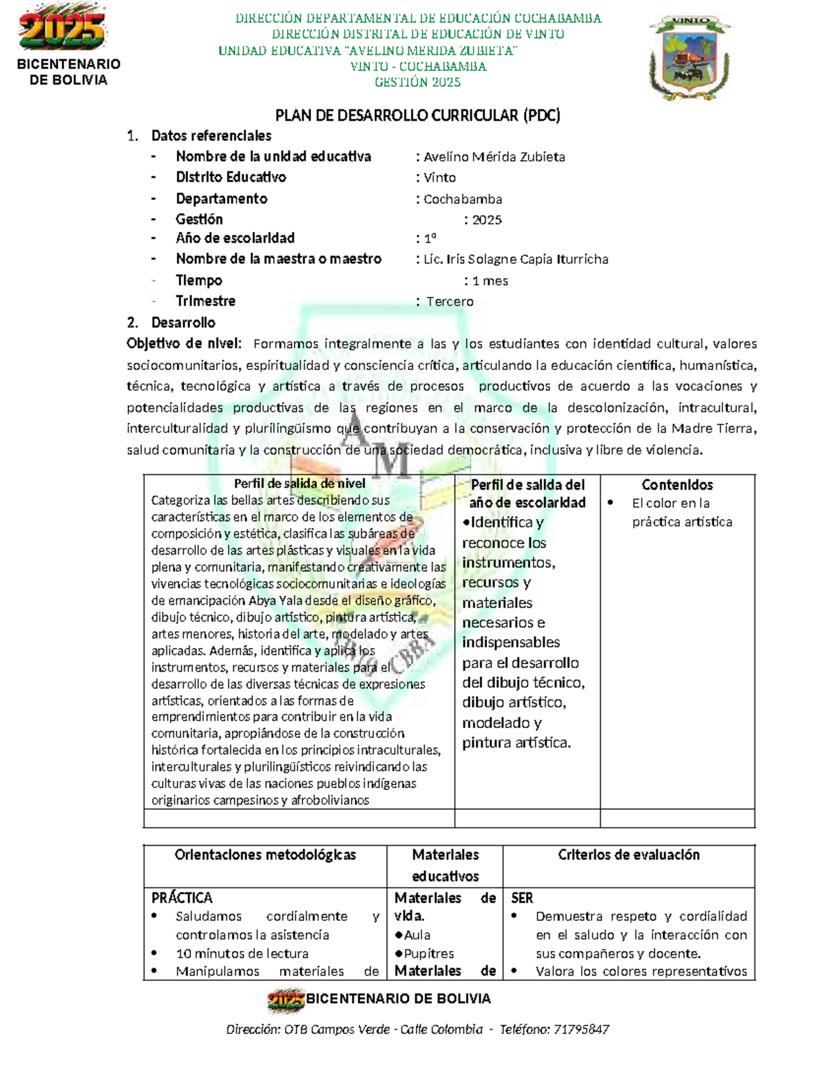Plan de Desarrollo Curricular (PDC) 1º - Artes 3er Trimestre 2025 - Studocu