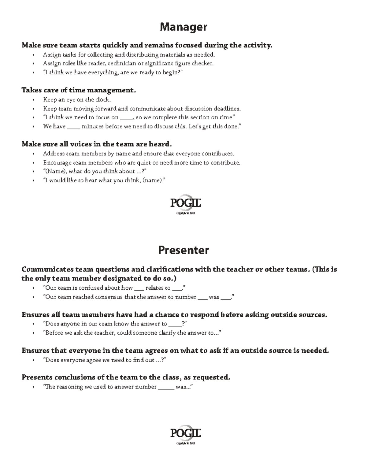 Role-cards - note - Manager Make sure team starts quickly and remains ...