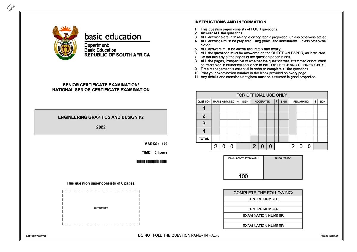 Engineering Graphics & Design P2: Exam Instructions & Questions - Studocu