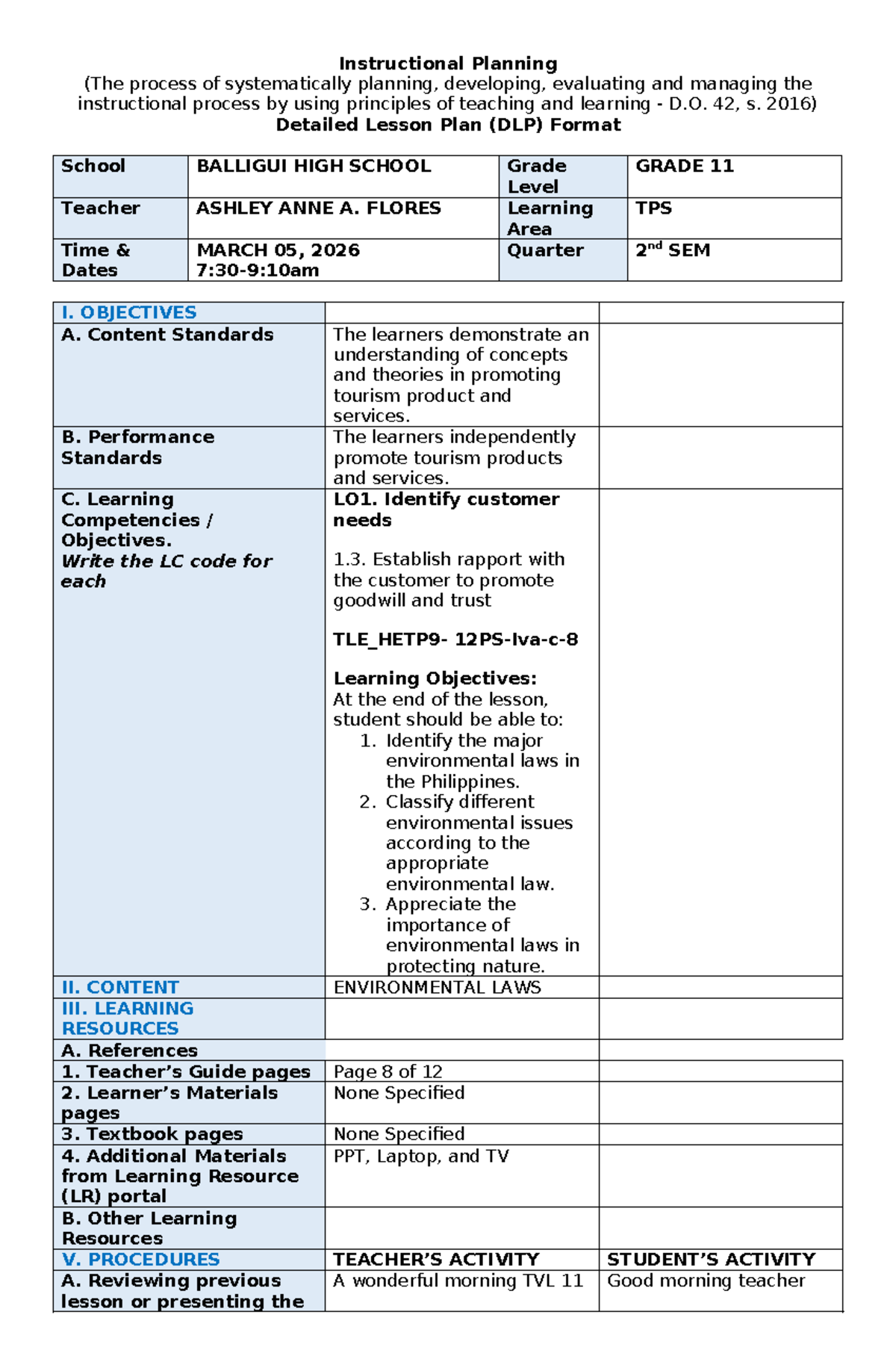 DLP 16 - Detailed Lesson Plan on Environmental Laws for GRADE 11 TPS ...