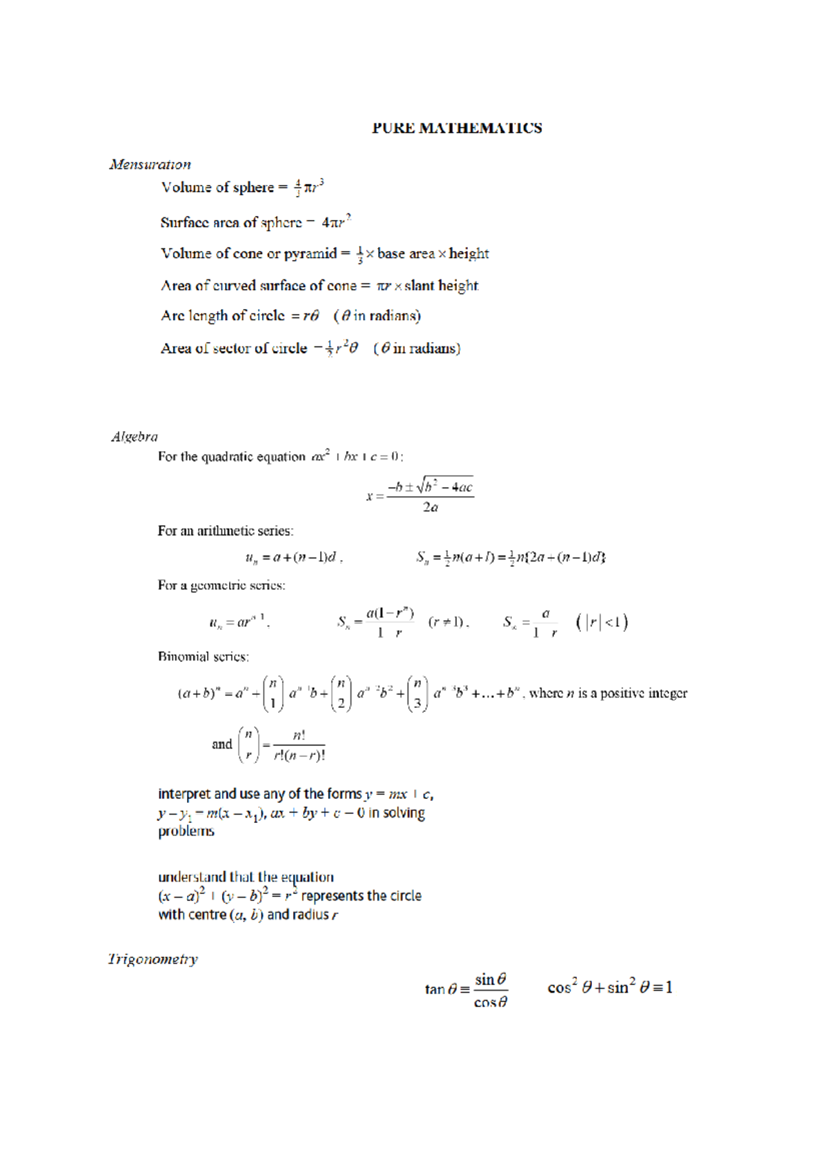 Pure 1 Formulas - Edexcel AS Level Math P1 - Mathematics Year 11 - Studocu