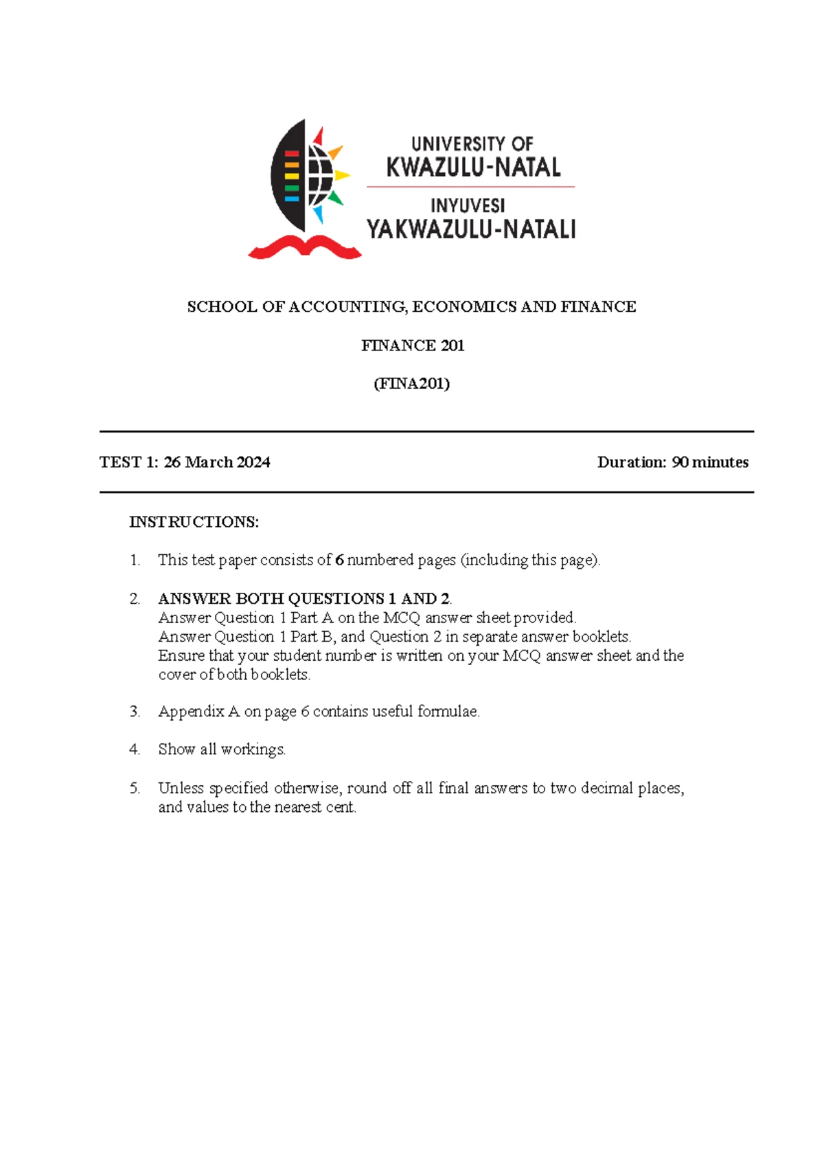 FINA201 Test 2 Question Paper and Suggested Solutions – 2024 - Studocu