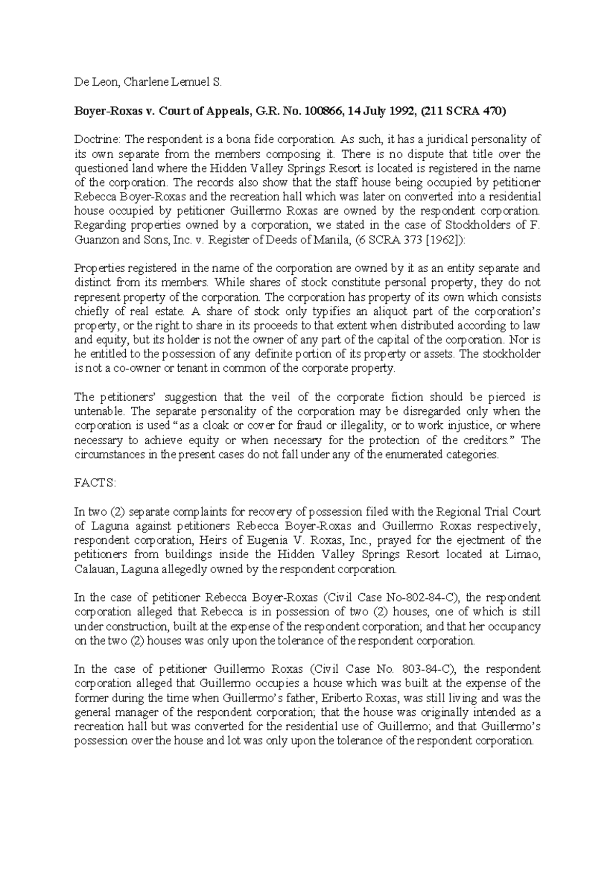 Boyer-Roxas v. Court of Appeals, G.R. No. 100866, 14 July 1992, (211 ...