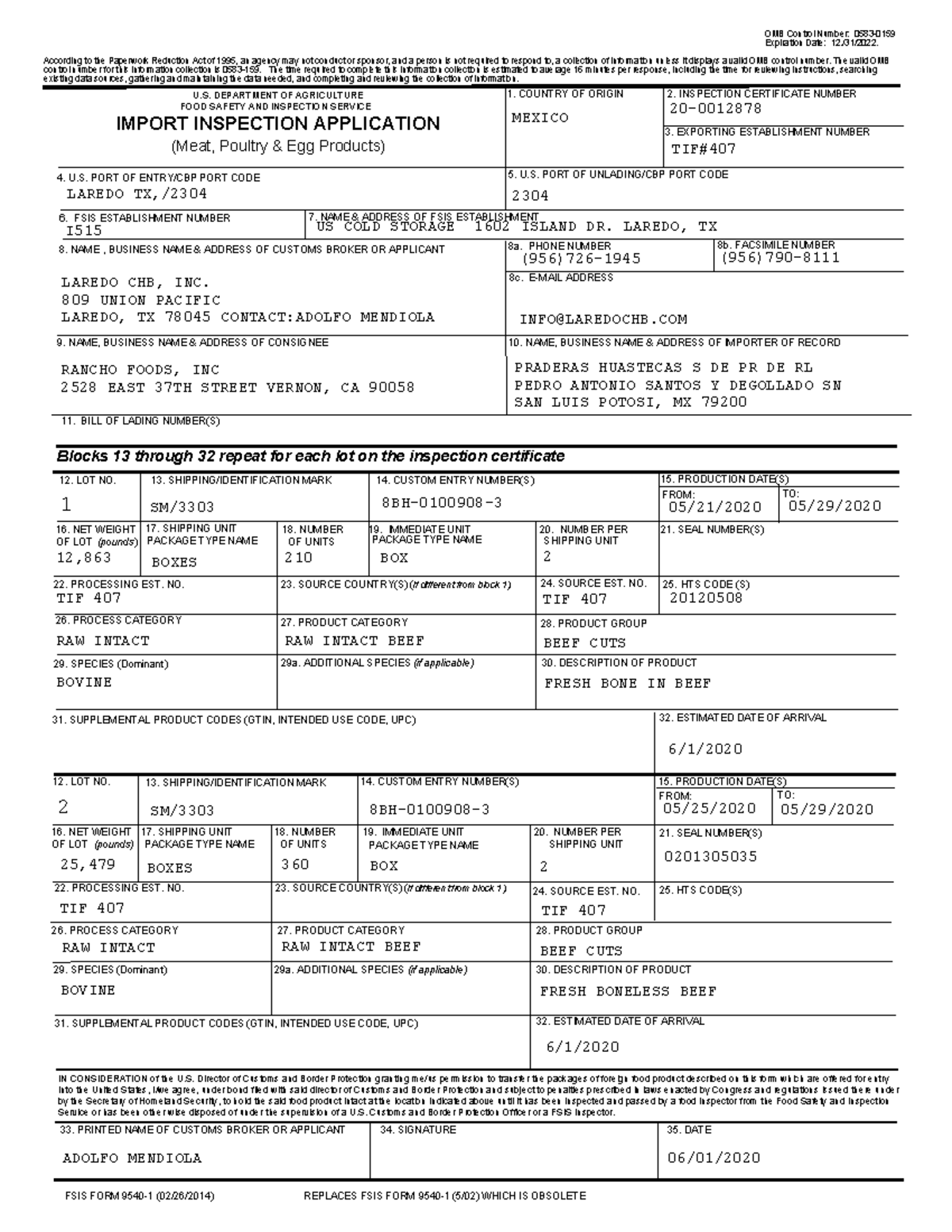 FSIS-9540 Import Inspection Application for Meat & Poultry Products ...