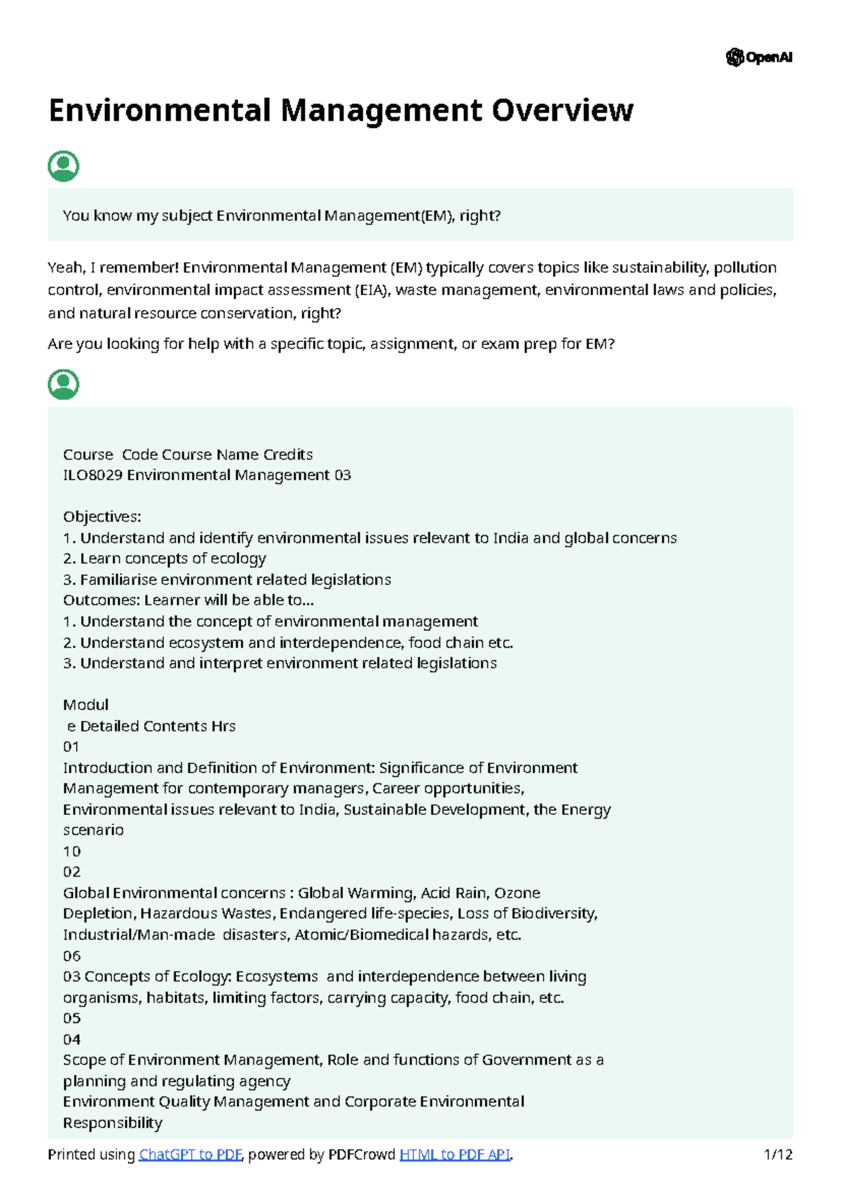 Environmental Management Overview - .. Understand the concept of ...