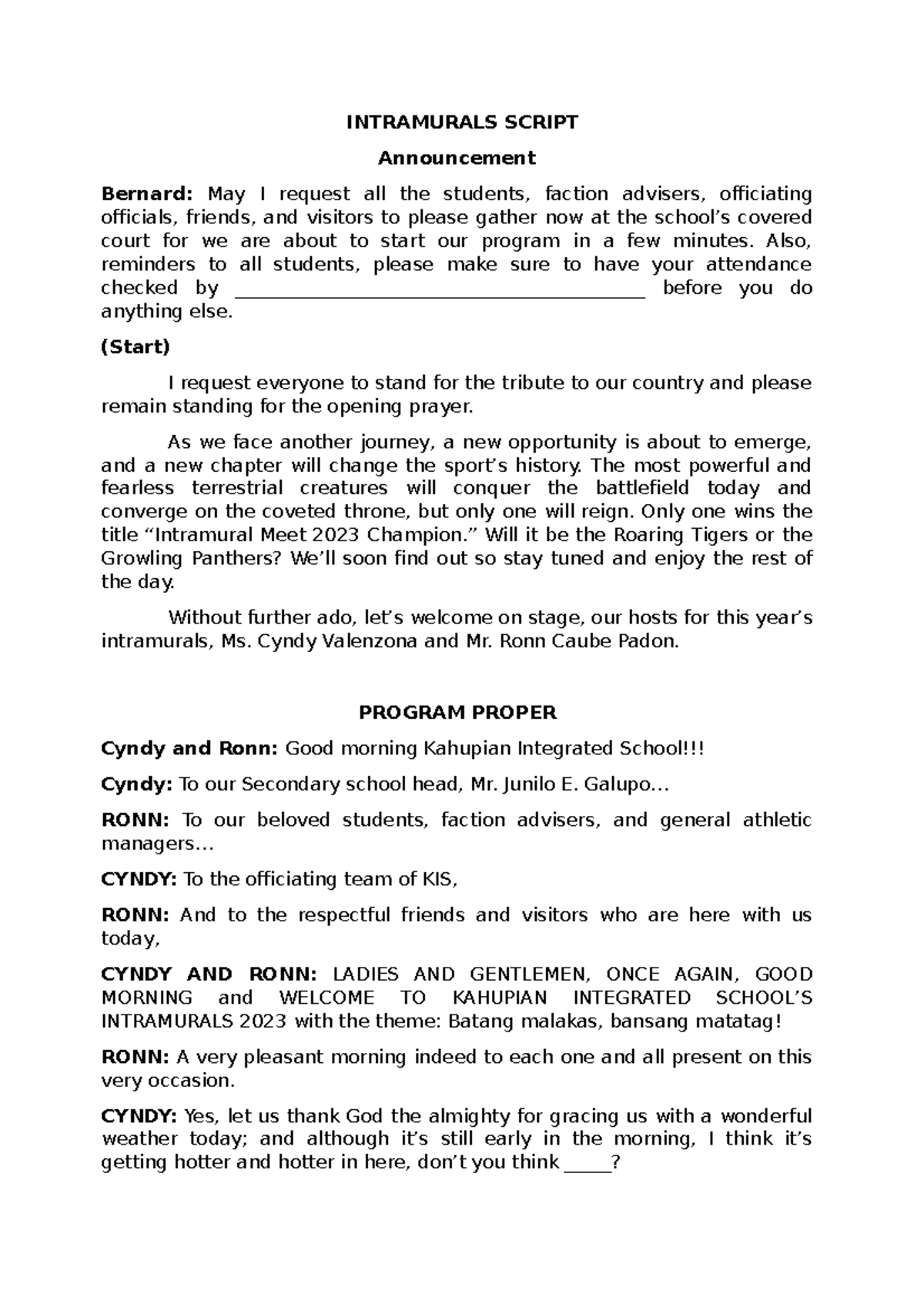 Intramurals 2023 Script for Kahupian Integrated School - Studocu