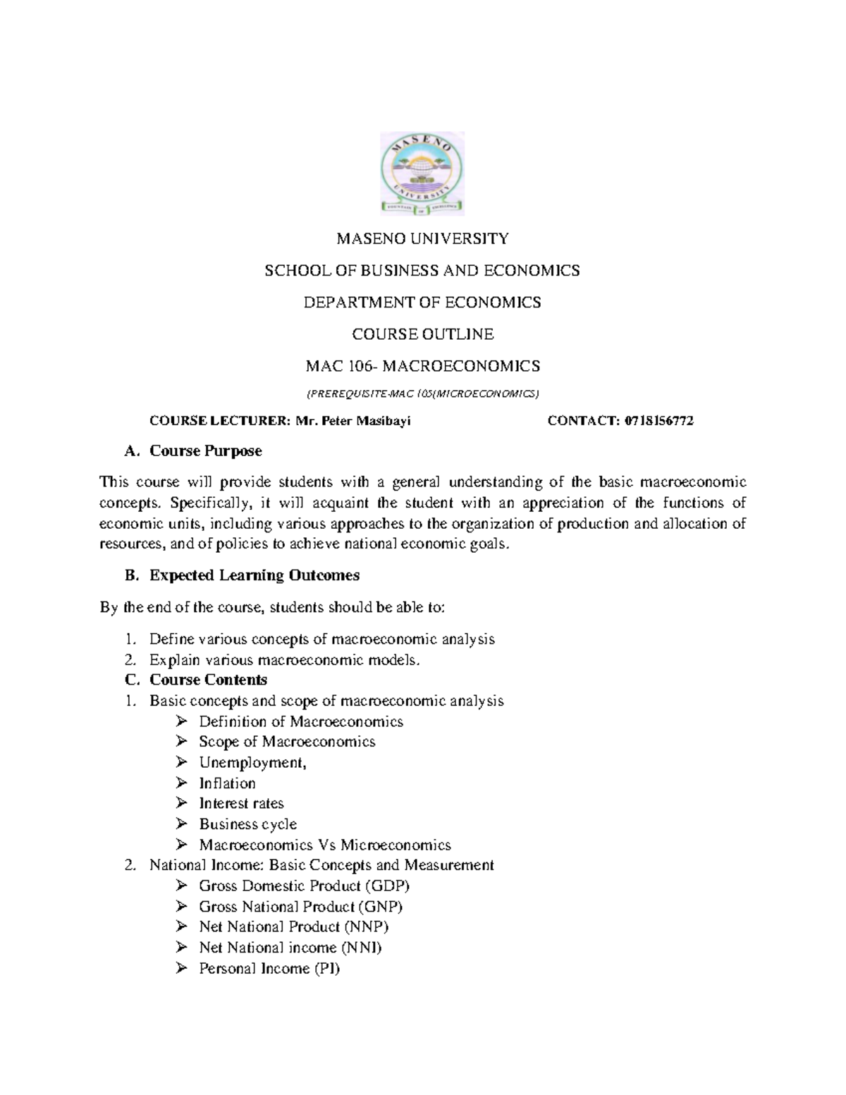 MAC 106 Course Outline - MASENO UNIVERSITY SCHOOL OF BUSINESS AND ...