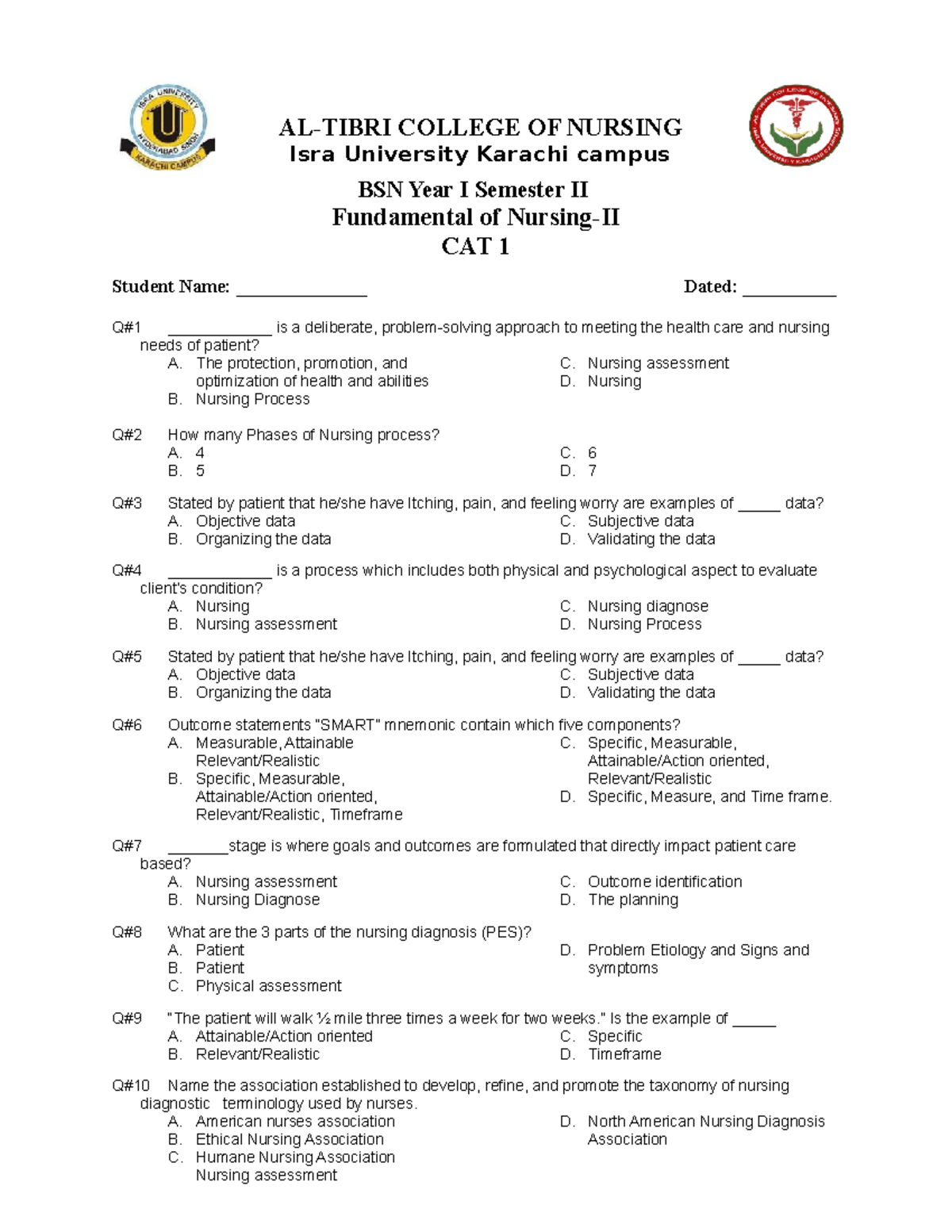 FON 1 - Assessment Test Quizzes for Nursing Students - Studocu
