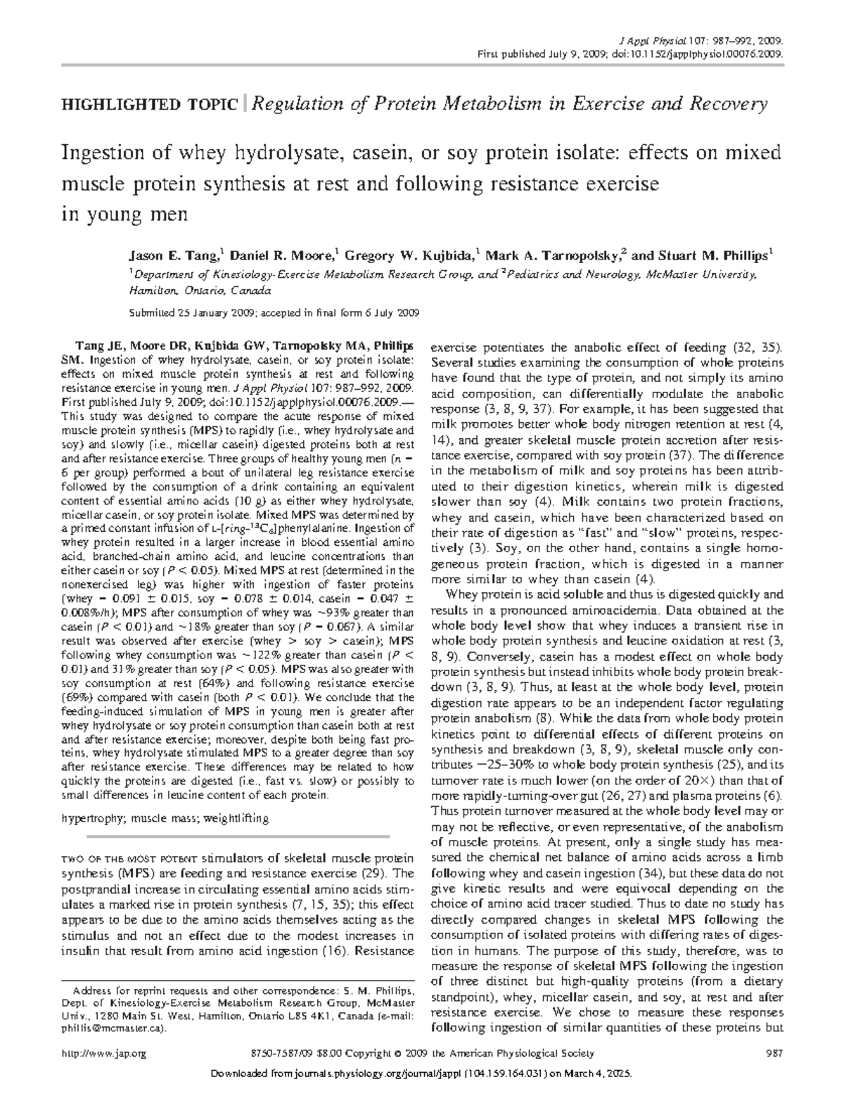 Ingestion of Whey Hydrolysate, Casein, or Soy Protein: MPS Effects Post ...