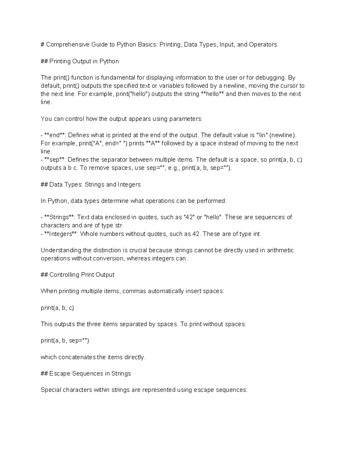 Python Basics: Printing, Data Types, Input & Operators Guide - Studocu