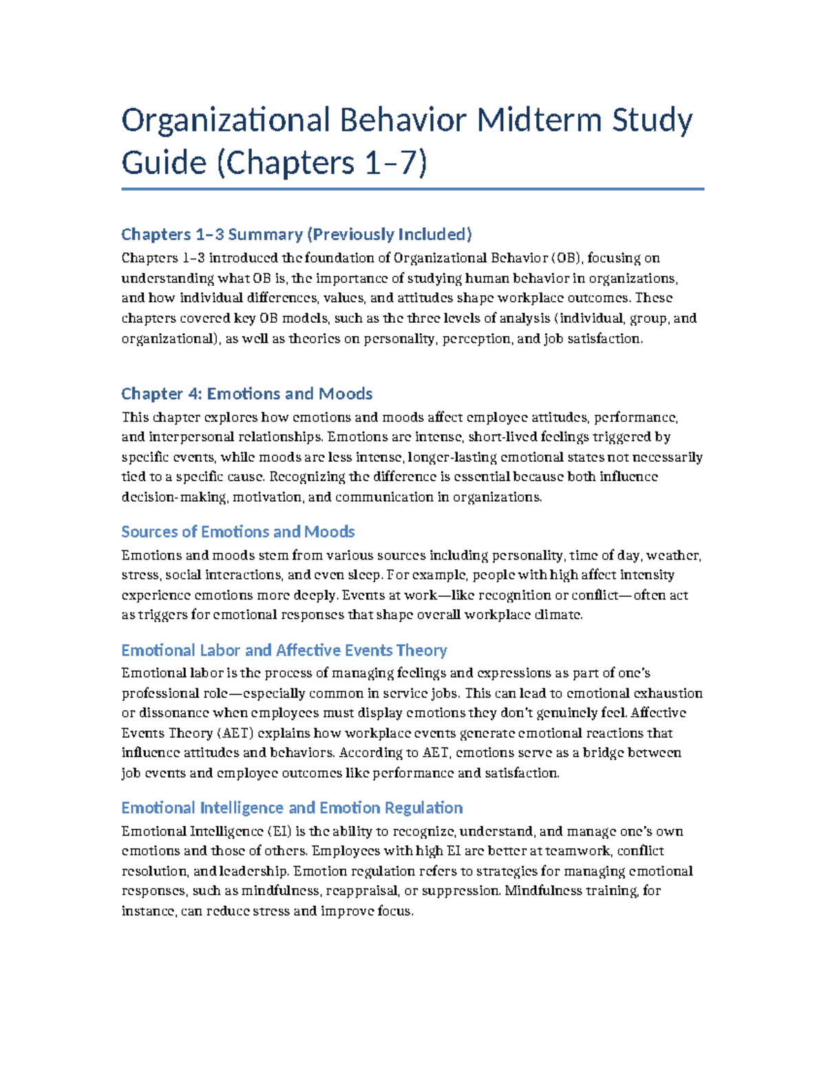 OB 101 Midterm Study Guide: Chapters 1-7 Summary - Studocu