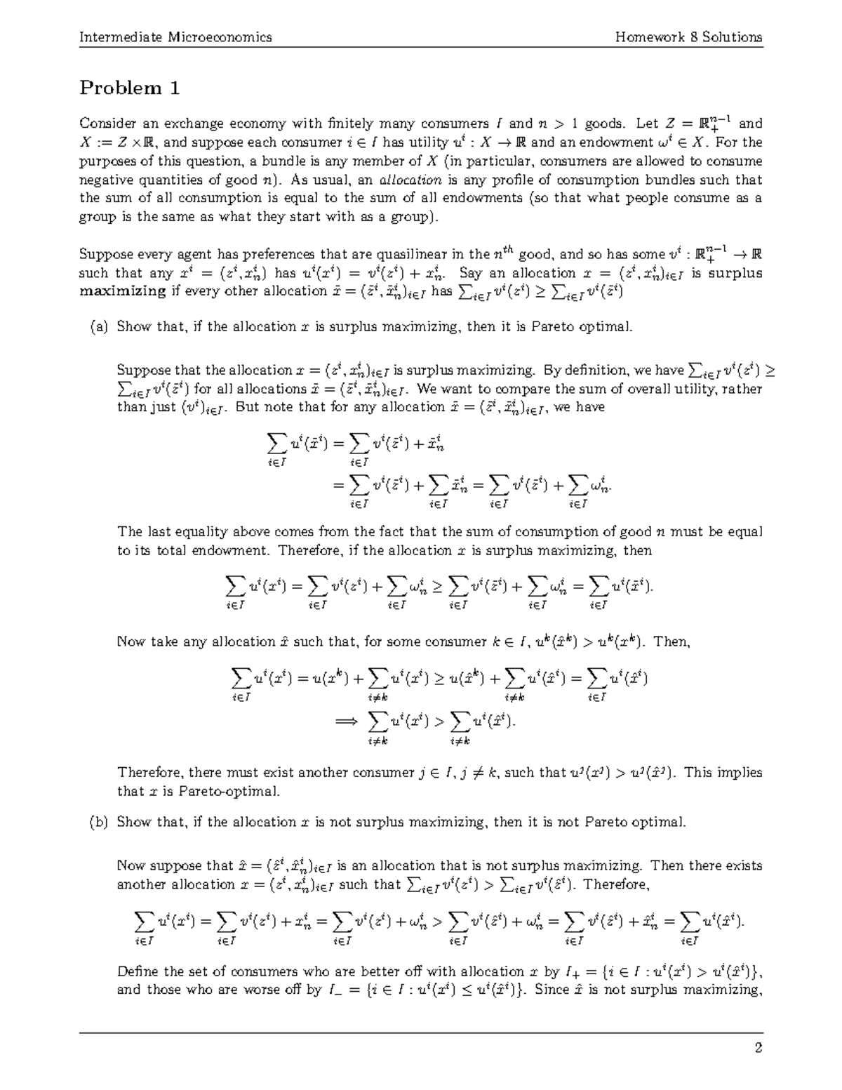 Micro HW 8 Solutions - Intermediate Microeconomics Homework 8 Solutions ...