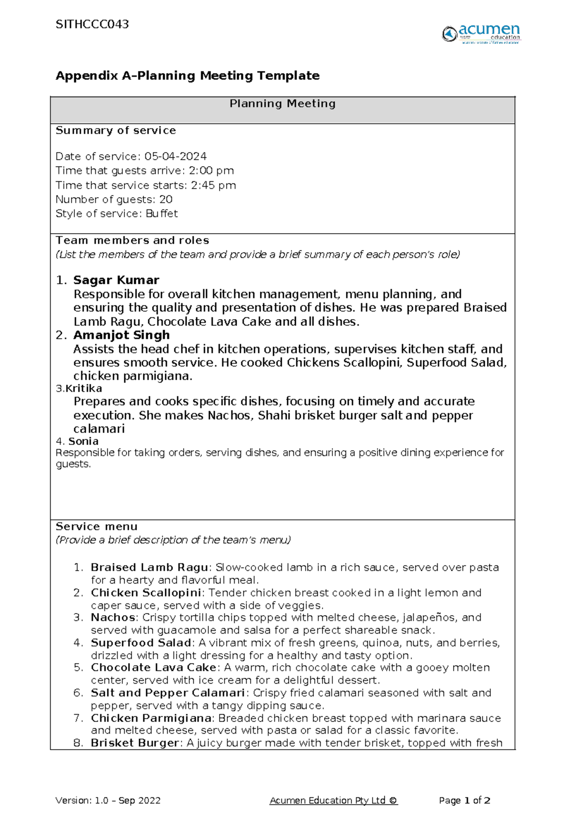 SITHCCC 043 - Appendix A: Planning Meeting Template & Service Menu ...