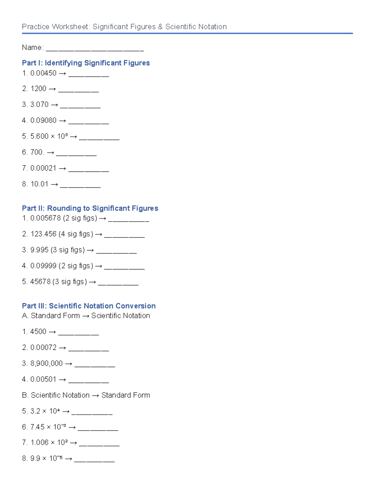 Practice Worksheet: Significant Figures & Scientific Notation - Studocu