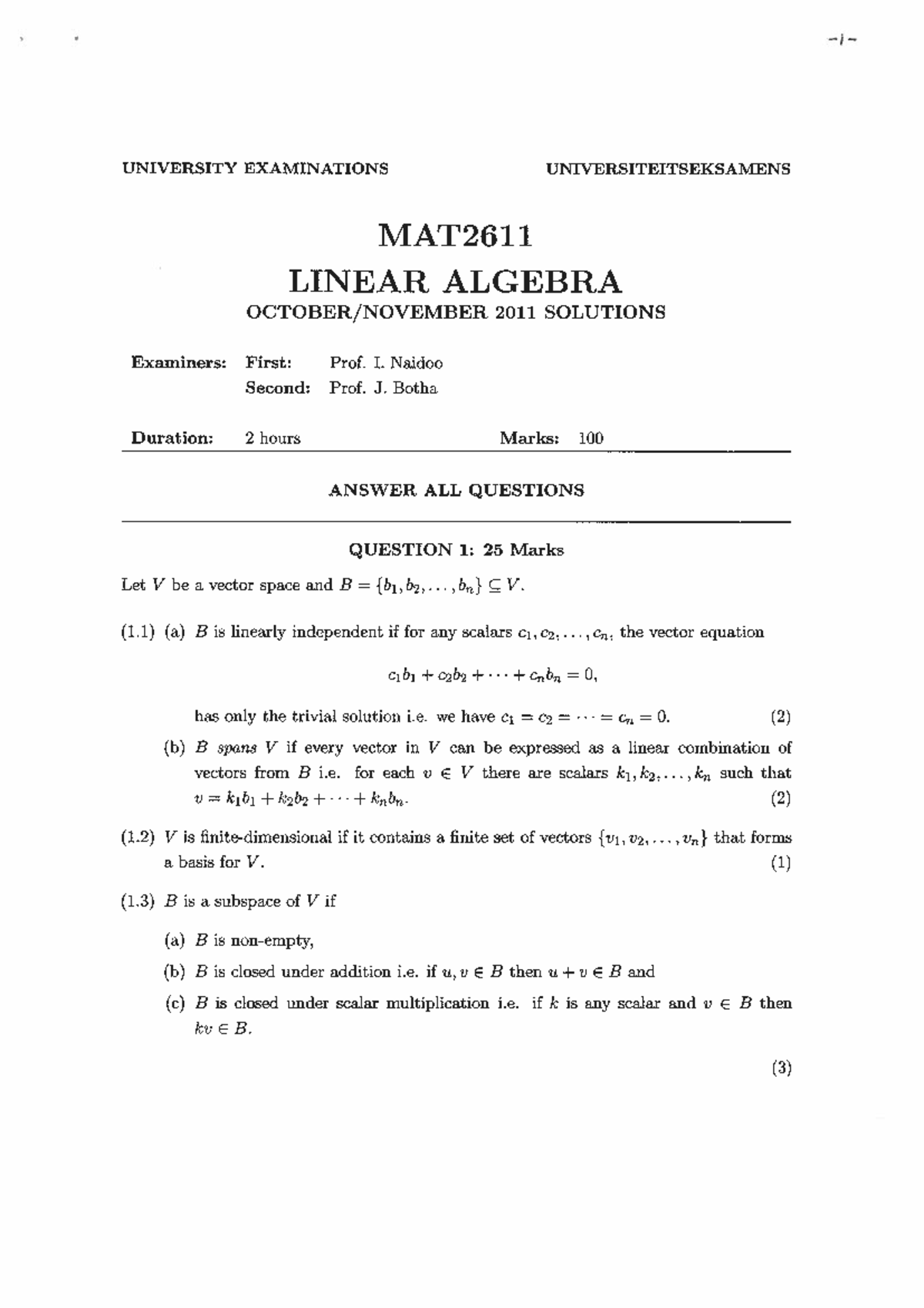 MAT2611 2011 Linear Algebra University Exam Solutions Memo - Studocu