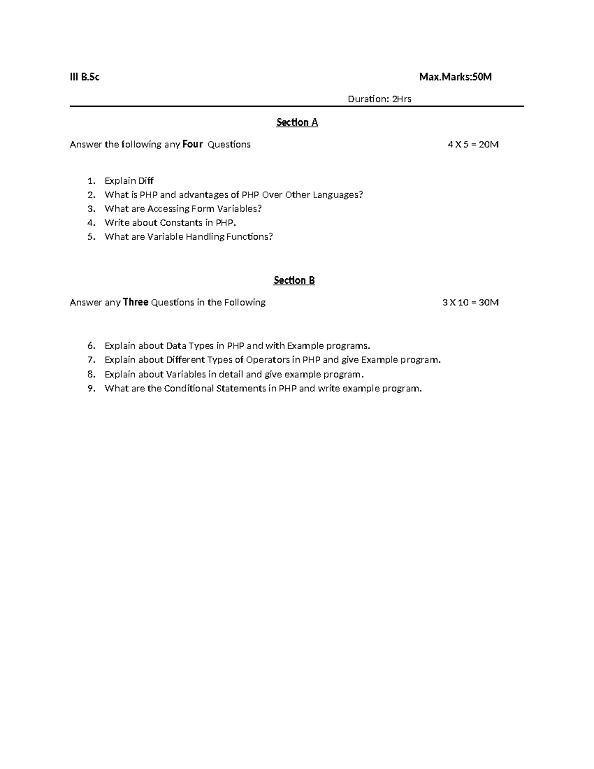 BCA PHP Question Paper - Max Marks: 50, Duration: 2 Hrs - Studocu