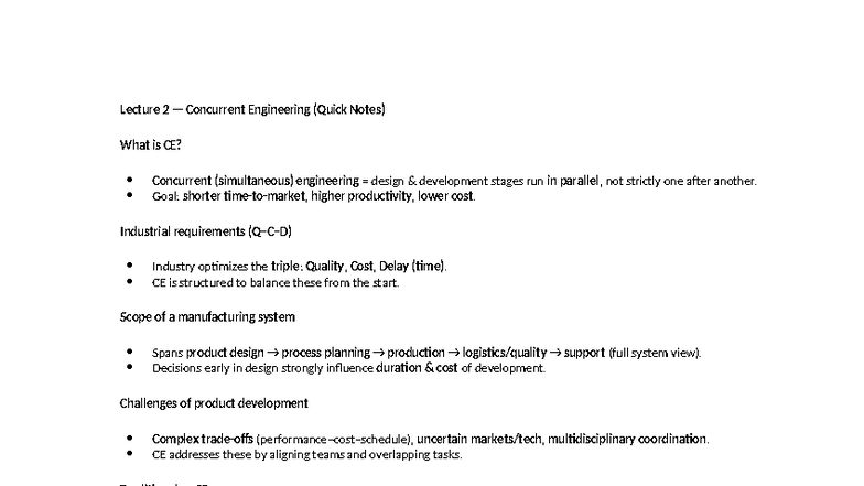 Lecture 2 & 3A Concurrent Engineering & Development Process Notes (380 ...