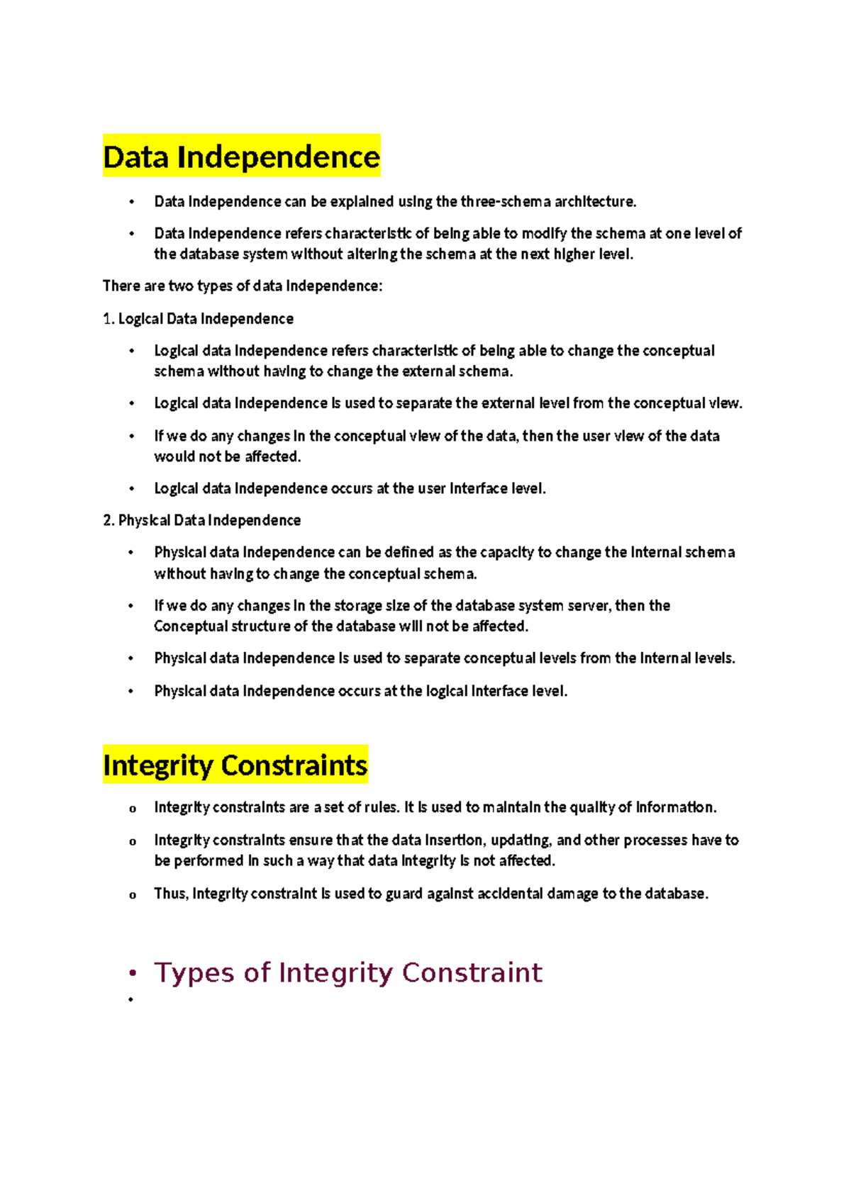 DBMS Notes-1: Understanding Data Independence and Attributes - Studocu