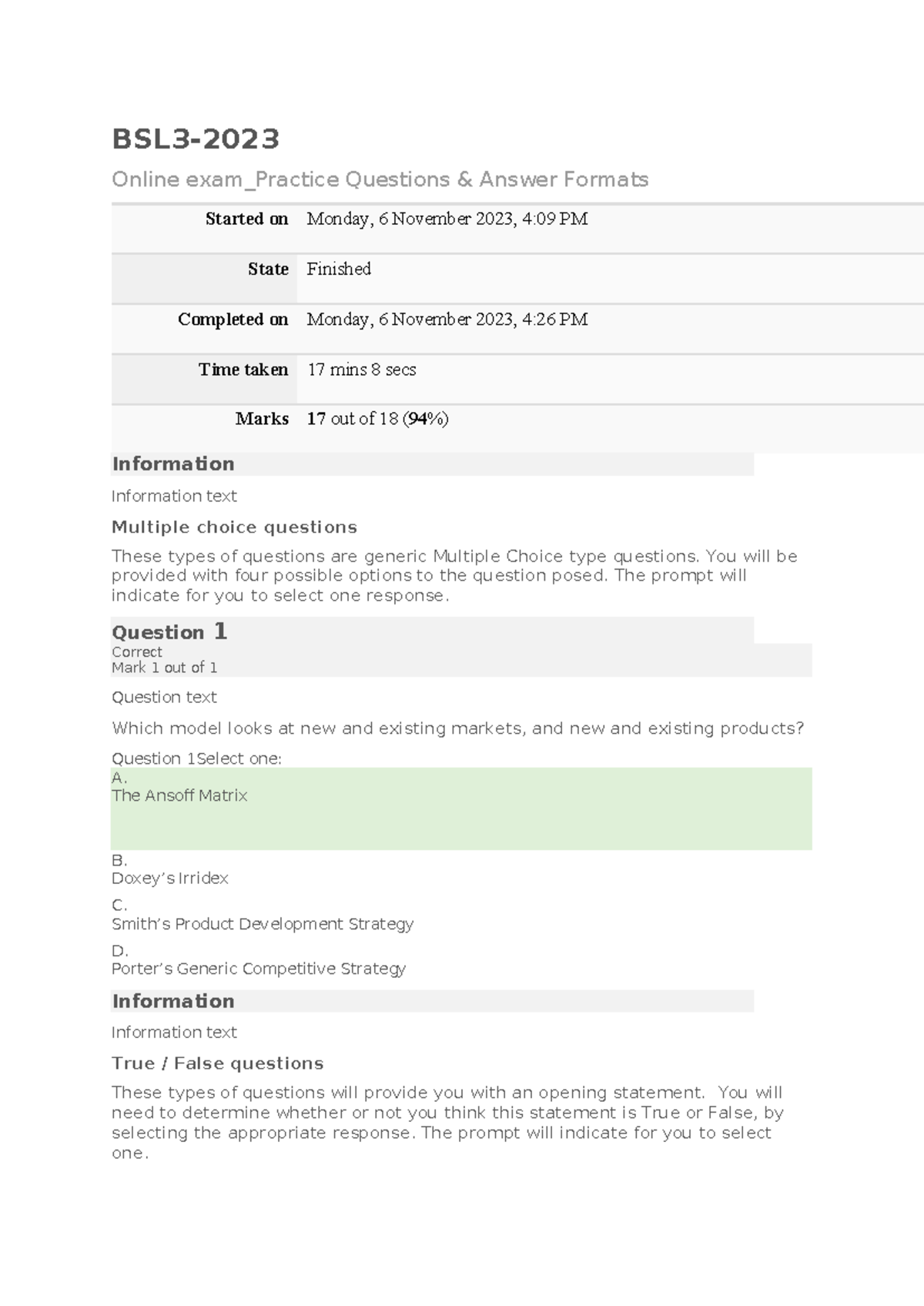 BSL3 - Online Exam Practice Questions and Answer Formats - Studocu