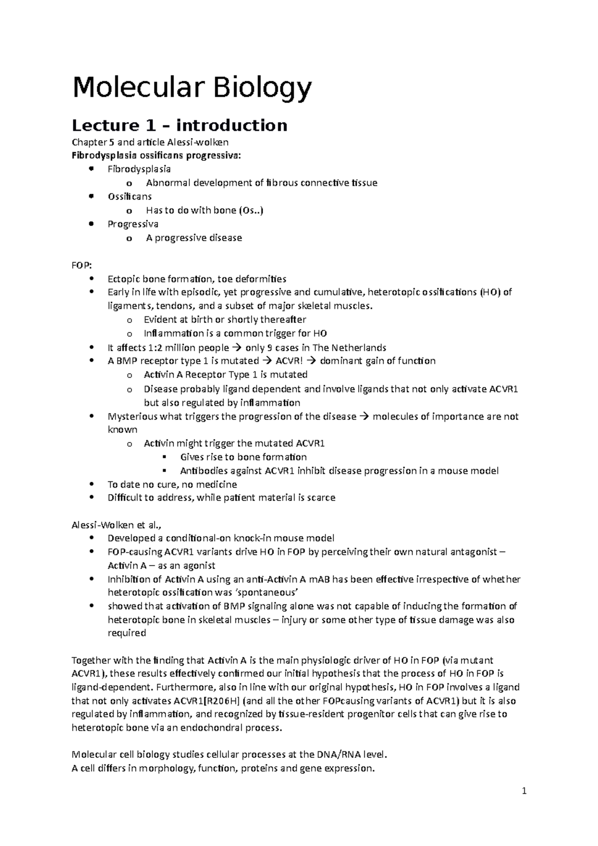 Molecular Cell Biology Lecture Notes: FOP and Gene Expression - Studeersnel