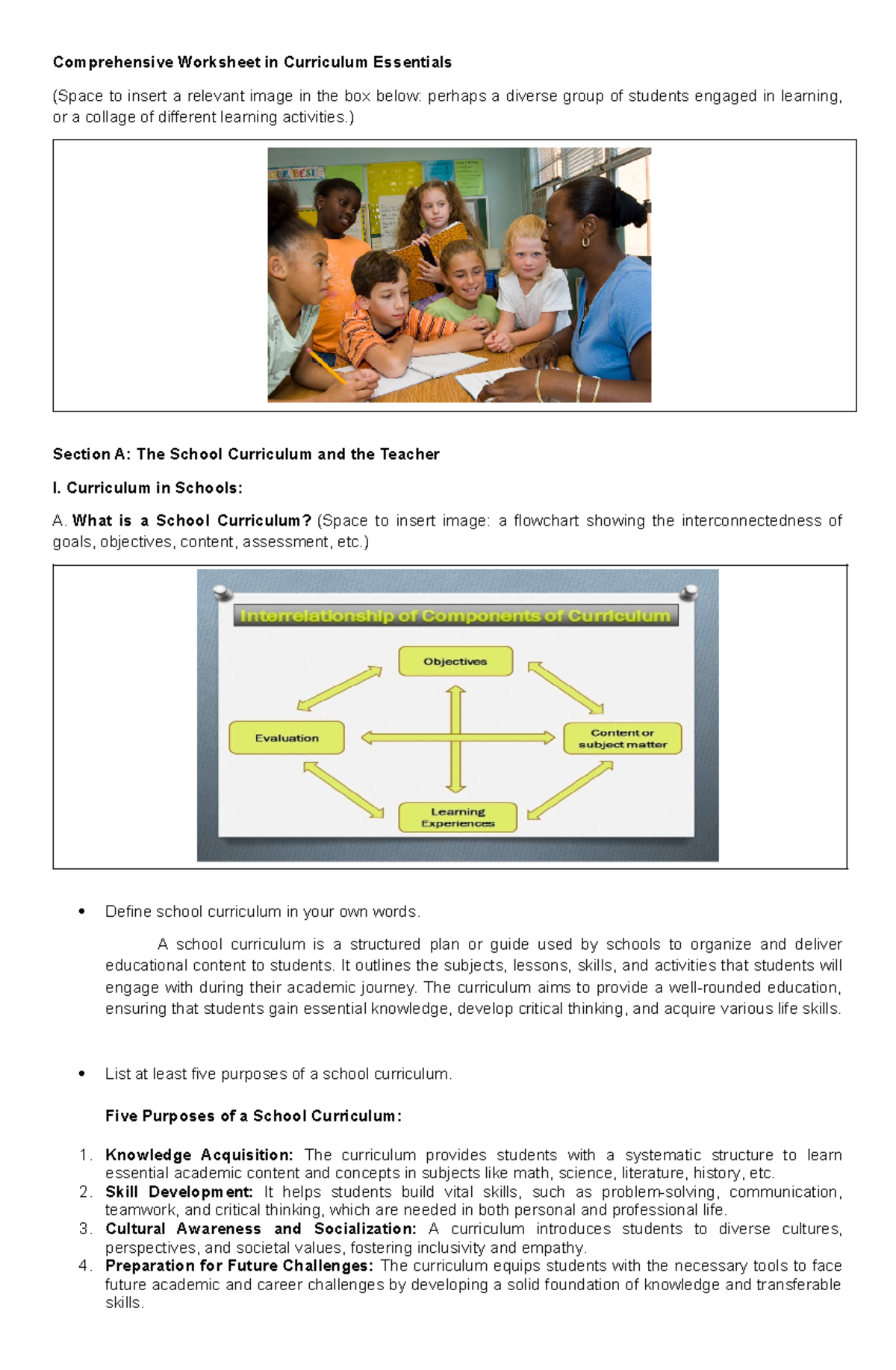 Curriculum Essentials Worksheet: Key Concepts and Development ...