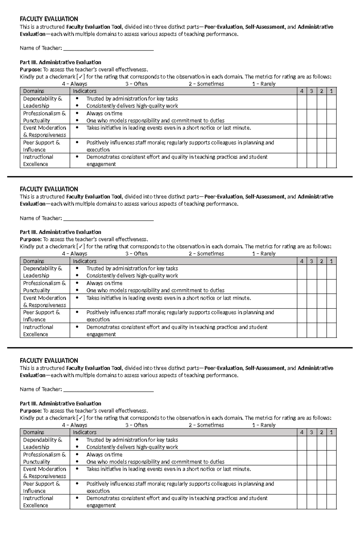 FACULTY EVALUATION TOOL: Assessing Teaching Performance - Studocu