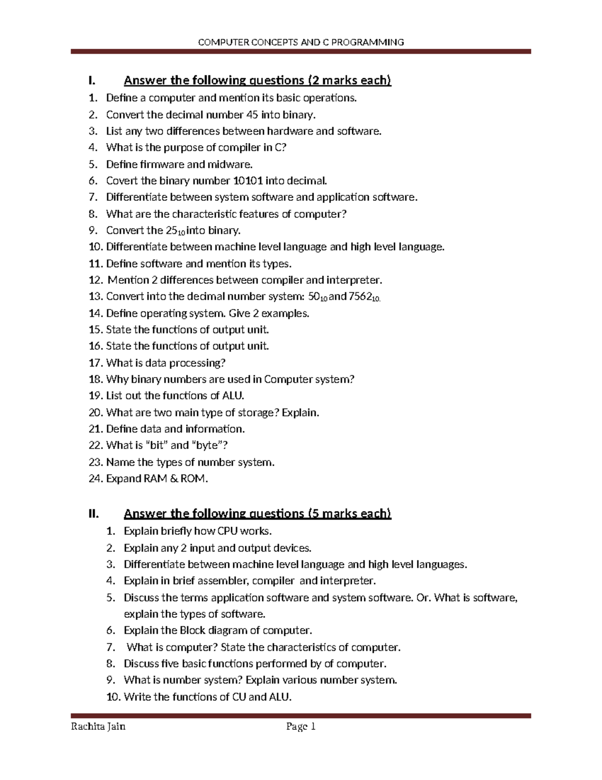 Unit 1 2M Important Questions for CCCP: Computer Concepts & C ...