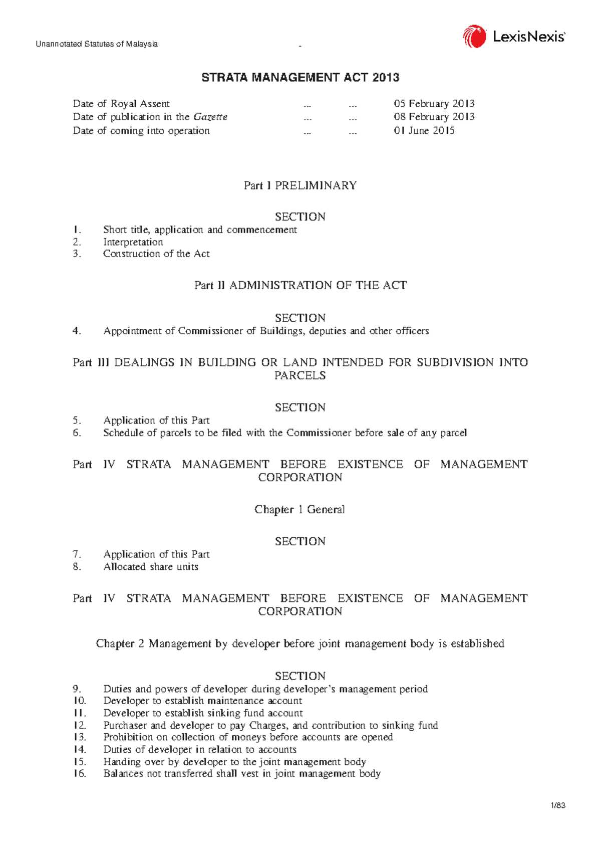 (MY) Strata Management ACT 2013 - STRATA MANAGEMENT ACT 2013 Date of ...