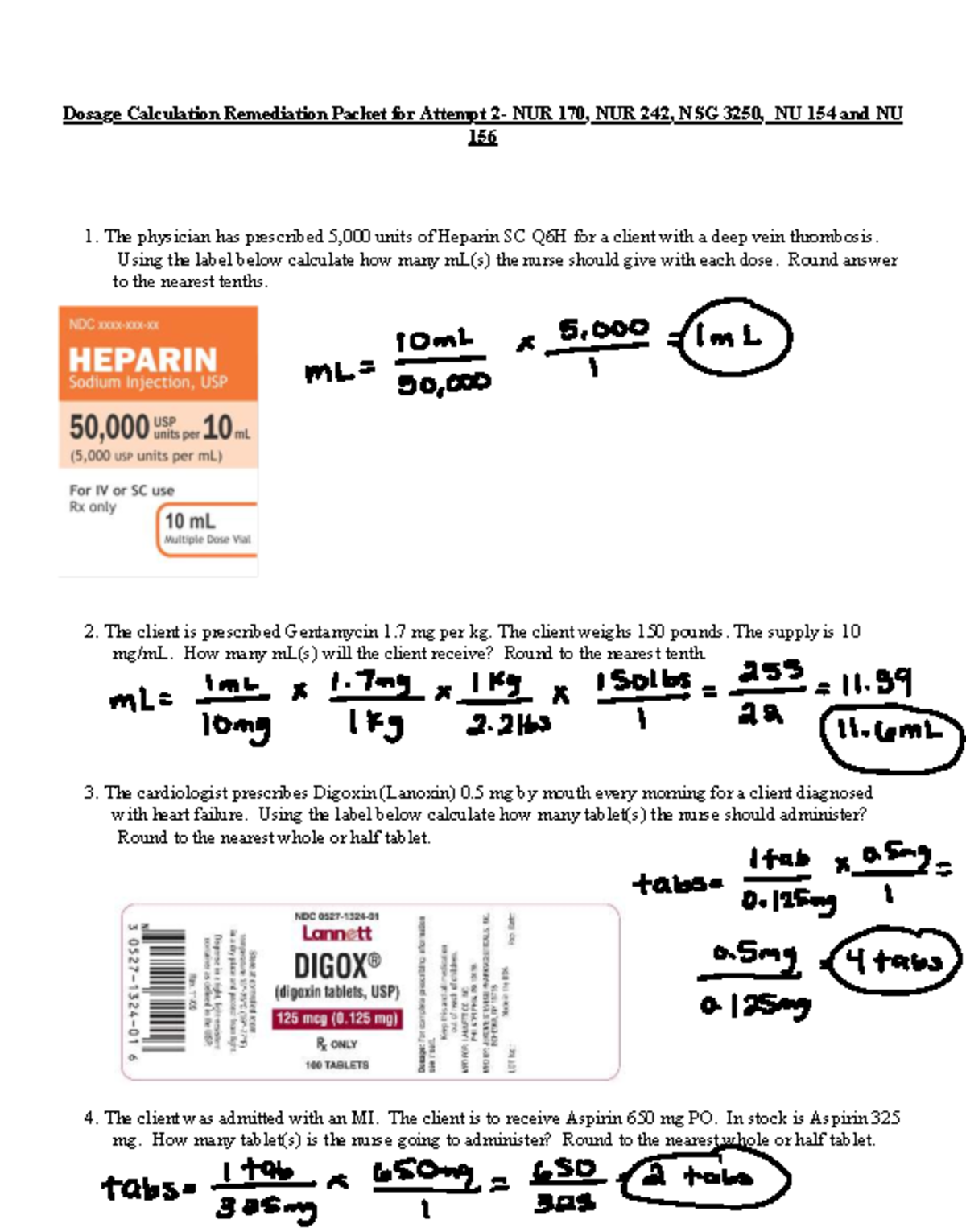 Dosage Calculation Remediation Packet for Attempt NUR 170, NUR 242, NSG ...