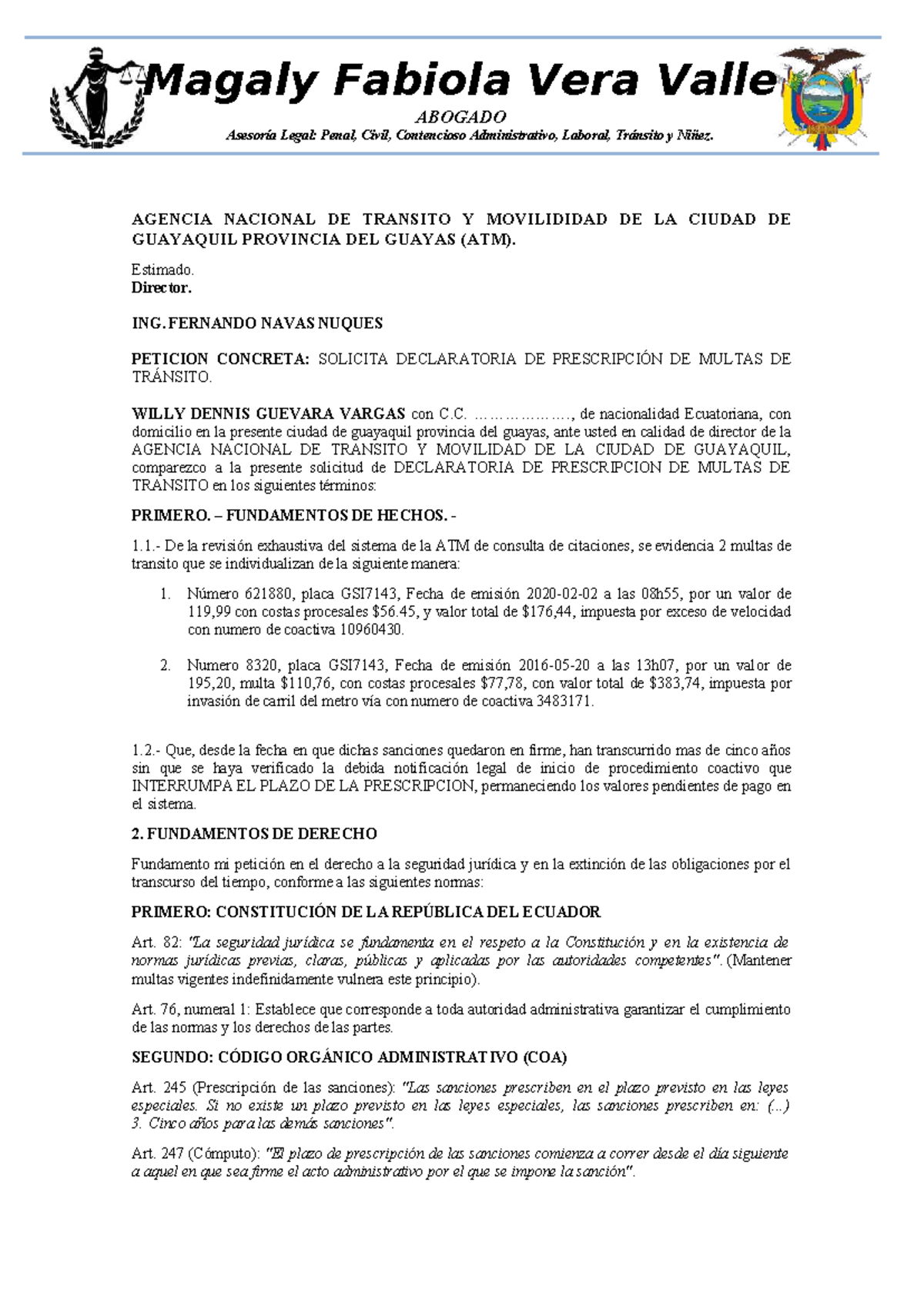 Solicitud de Prescripción de Multas de Tránsito - ATM Guayaquil - Document Preview